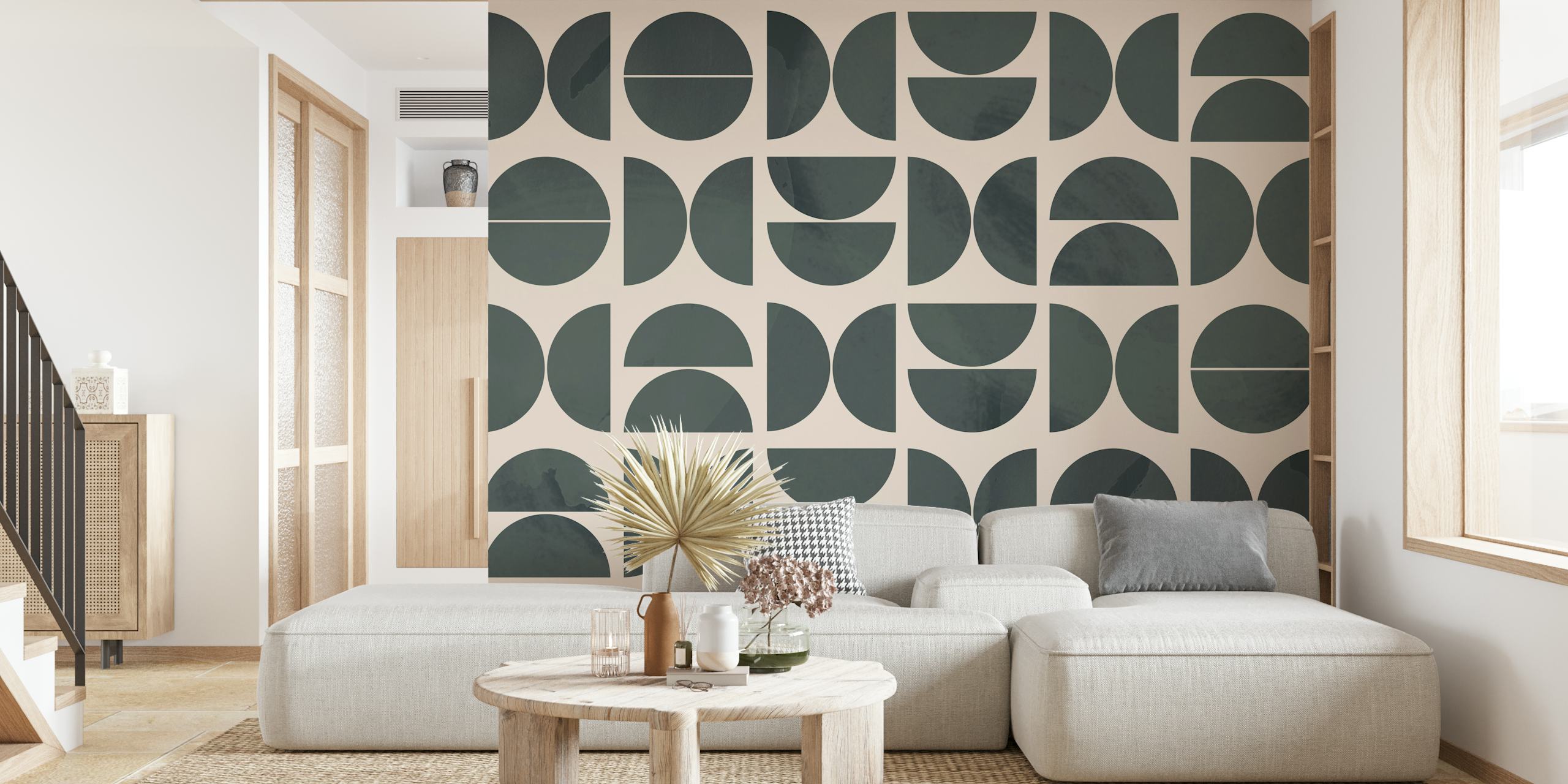 Geometric dark green circular shapes on a light background wallpaper
