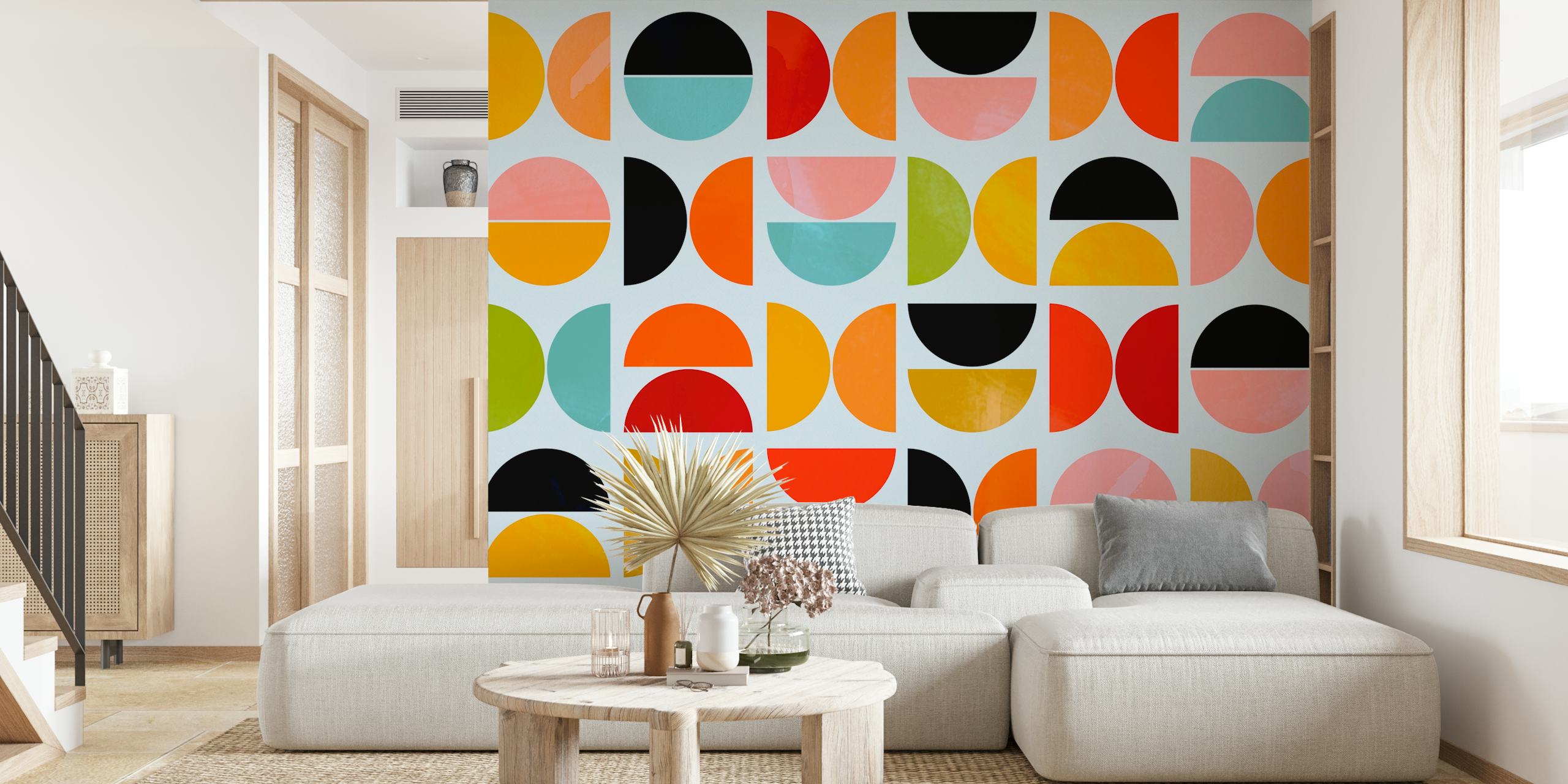 Żywe geometryczne kształty w projekcie fototapety inspirowanej Bauhausem.