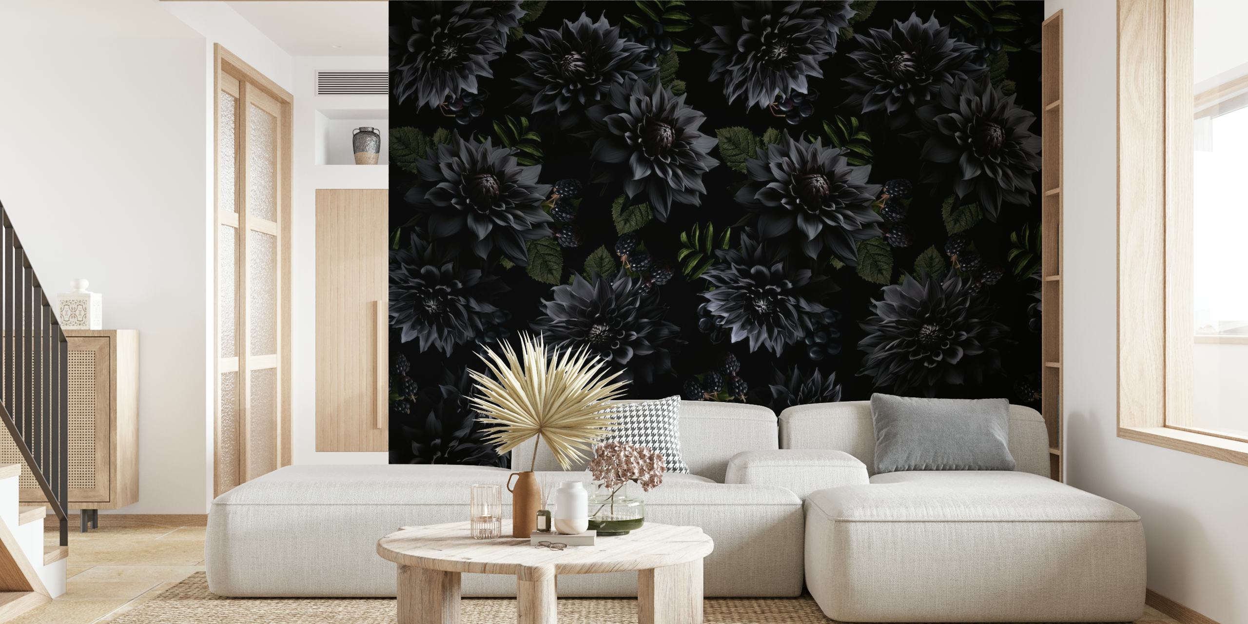 Carta da parati con motivi floreali in stile gotico nero e grigio per un'atmosfera misteriosa da giardino notturno