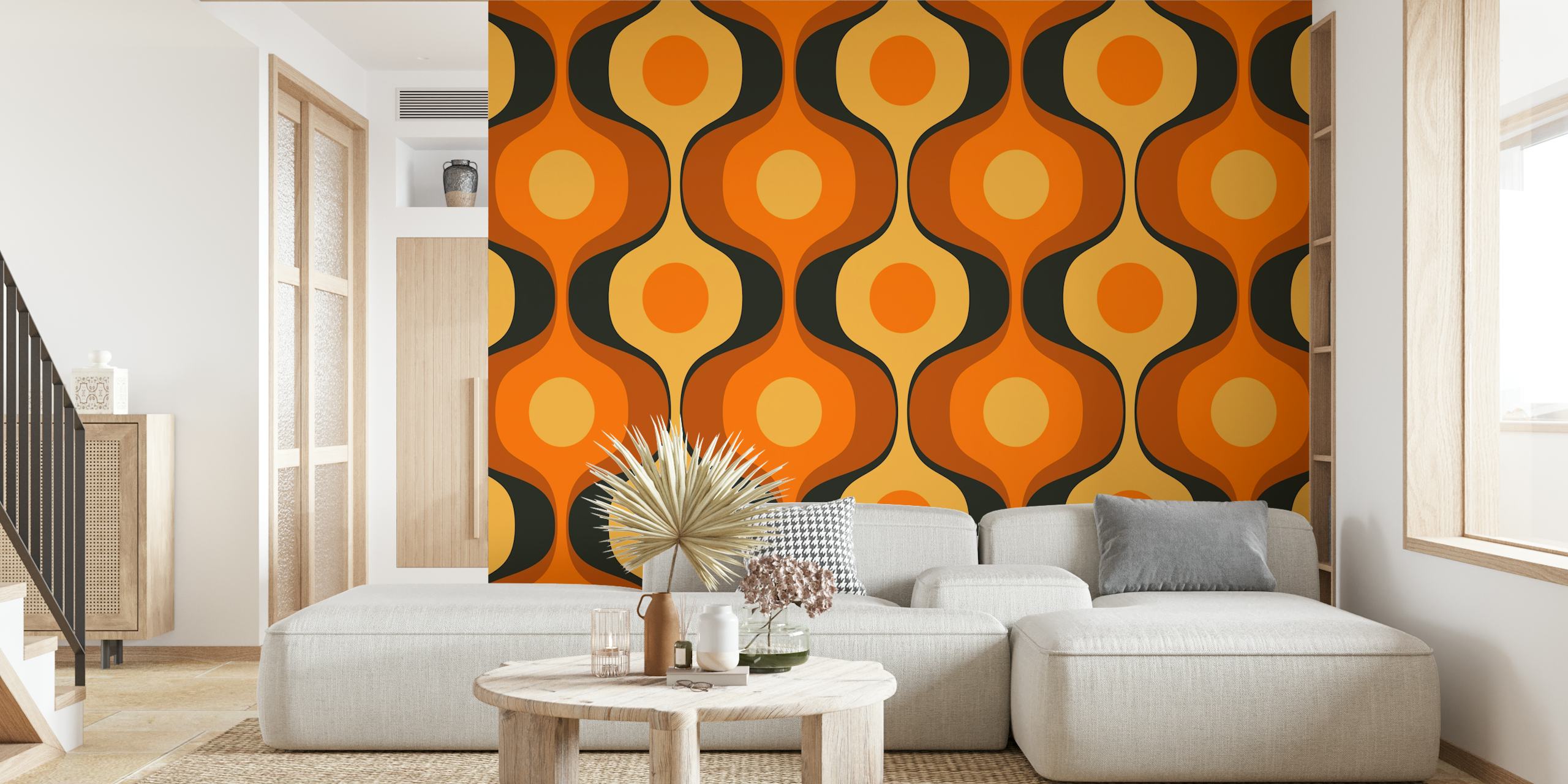 Geometric wave pattern in orange, black, and cream colors wallpaper