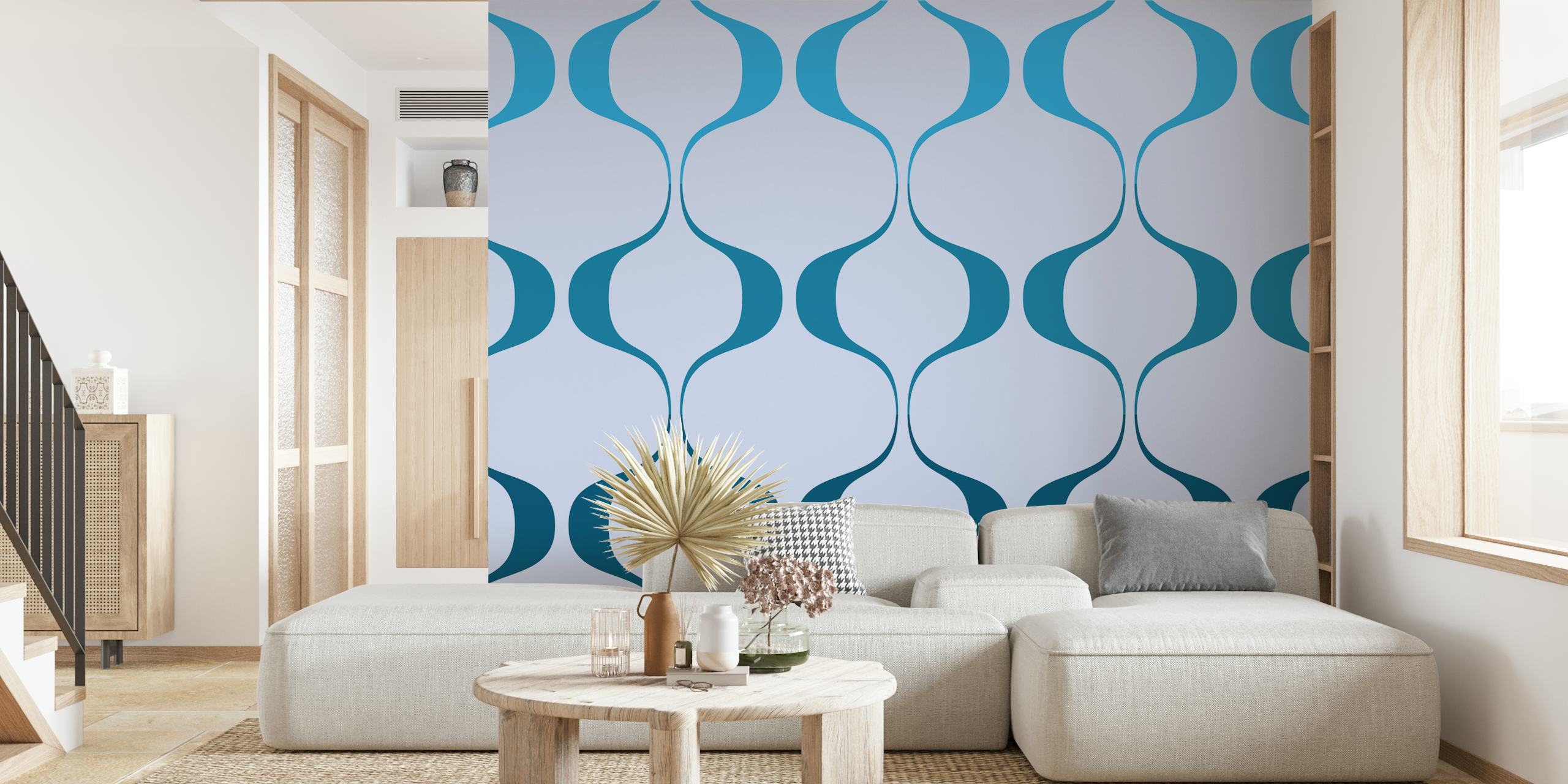 Fresh Retro Abstract Geo Waves Wall Mural with calm blue tones and geometric wave patterns.