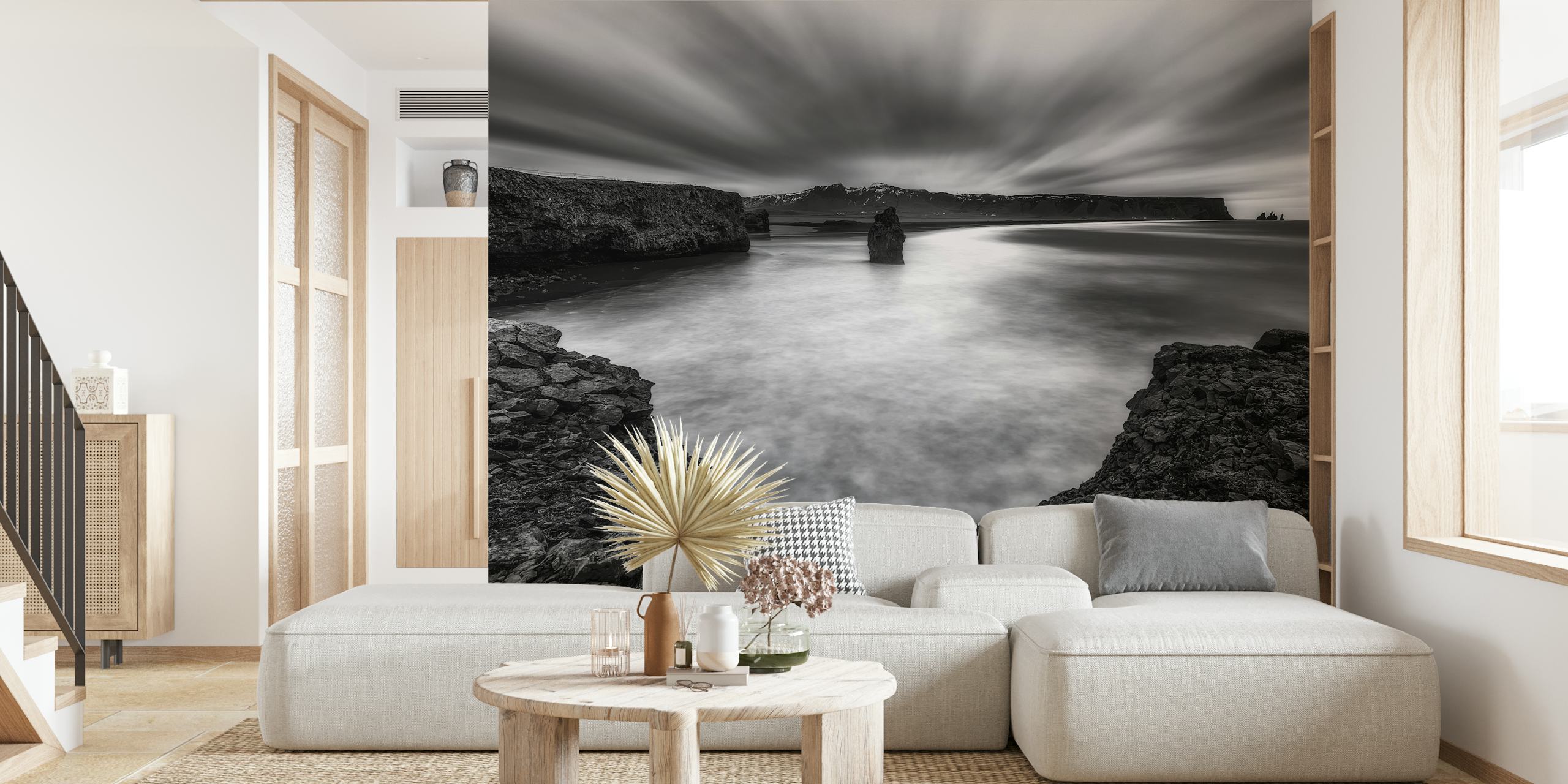 Black and white coastal landscape with rocky shore wallpaper