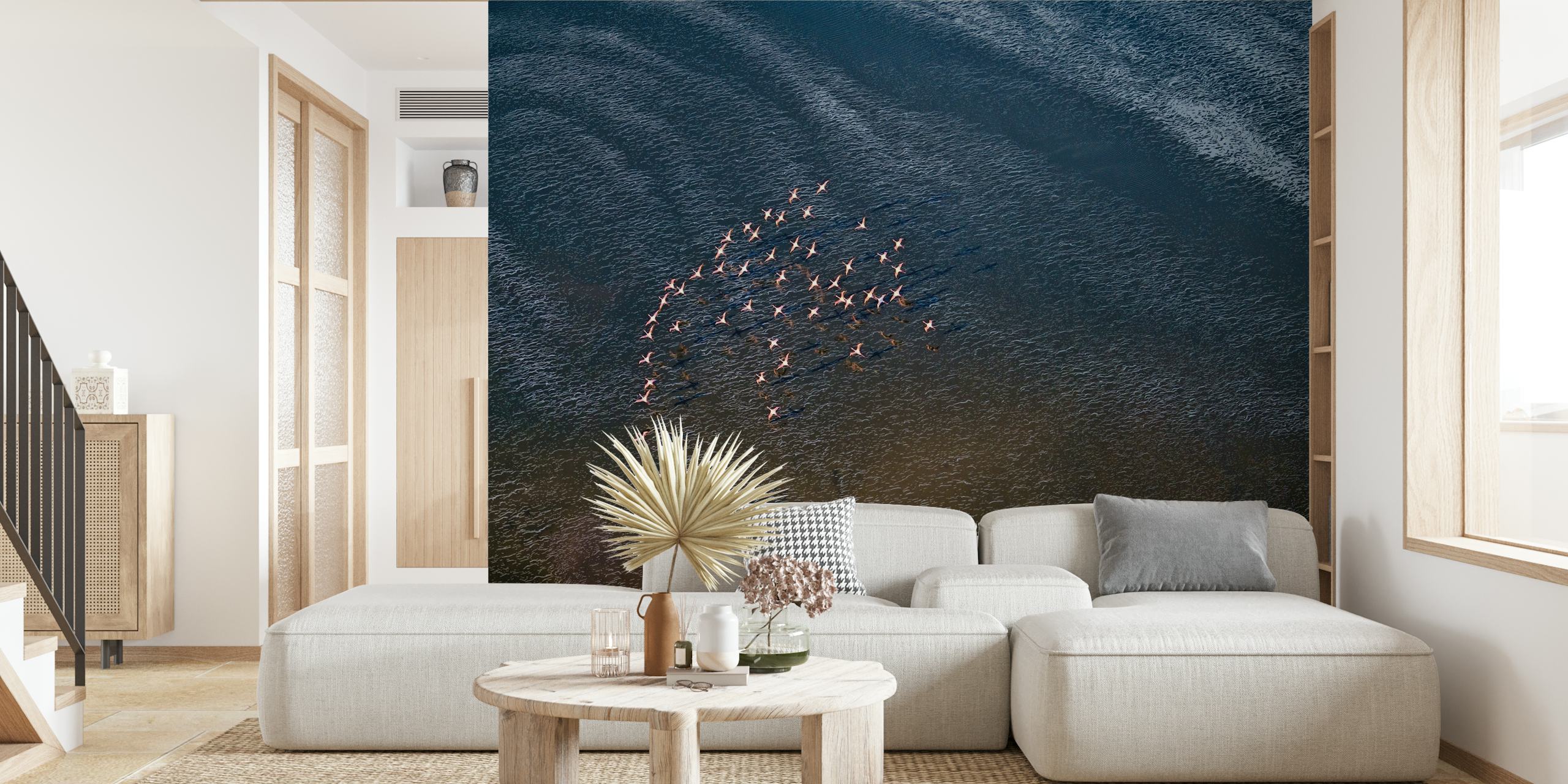 Flock of birds flying over ocean waves wall mural