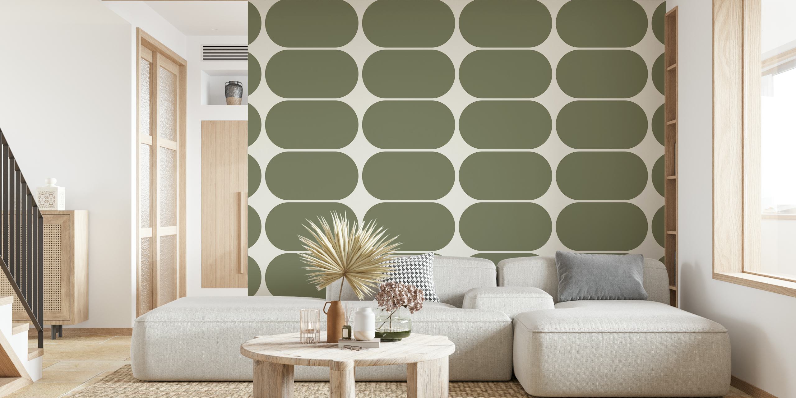 Geometric green pebble shapes on a light background wallpaper