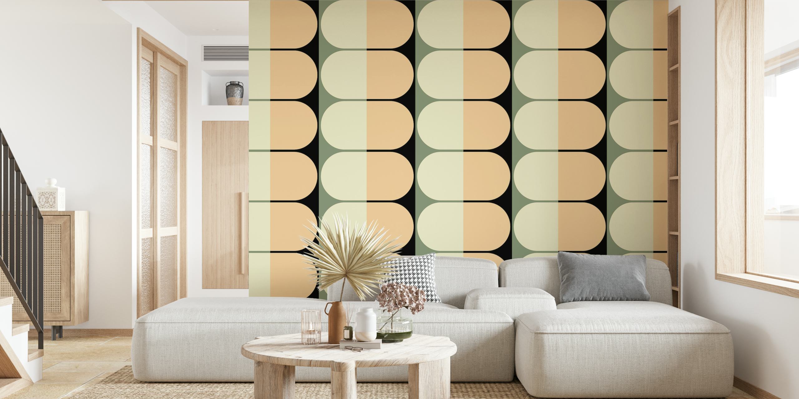 Beige geometric oval pattern wallpaper in retro style