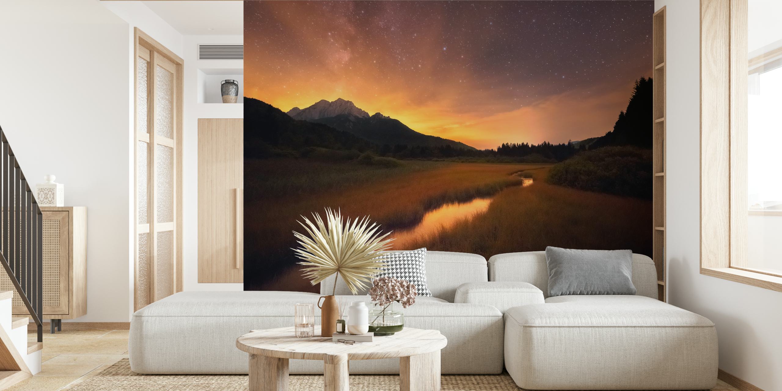 Zelenci fjädrar fototapet med stjärnklar natthimmel och bergsreflektion