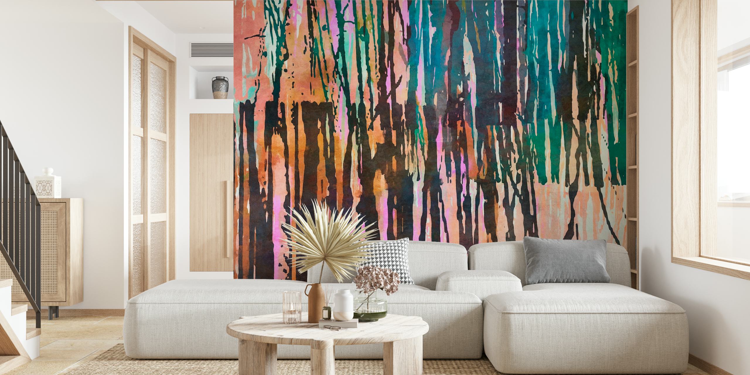 Colorful vertical stripes in vibrant shades of pink, teal, brown wallpaper