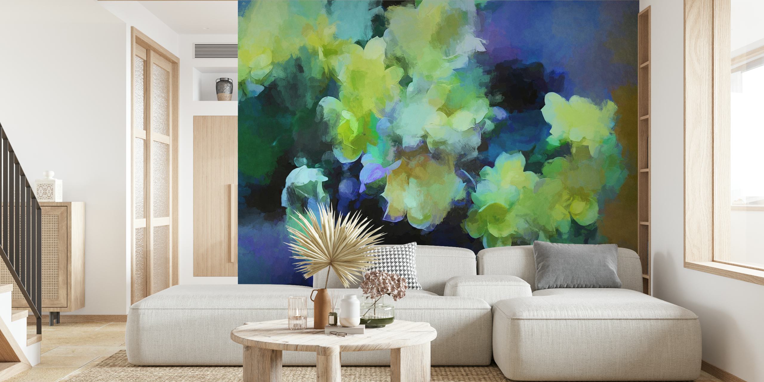 Abstract floral design in vibrant yellow and blue colors wallpaper