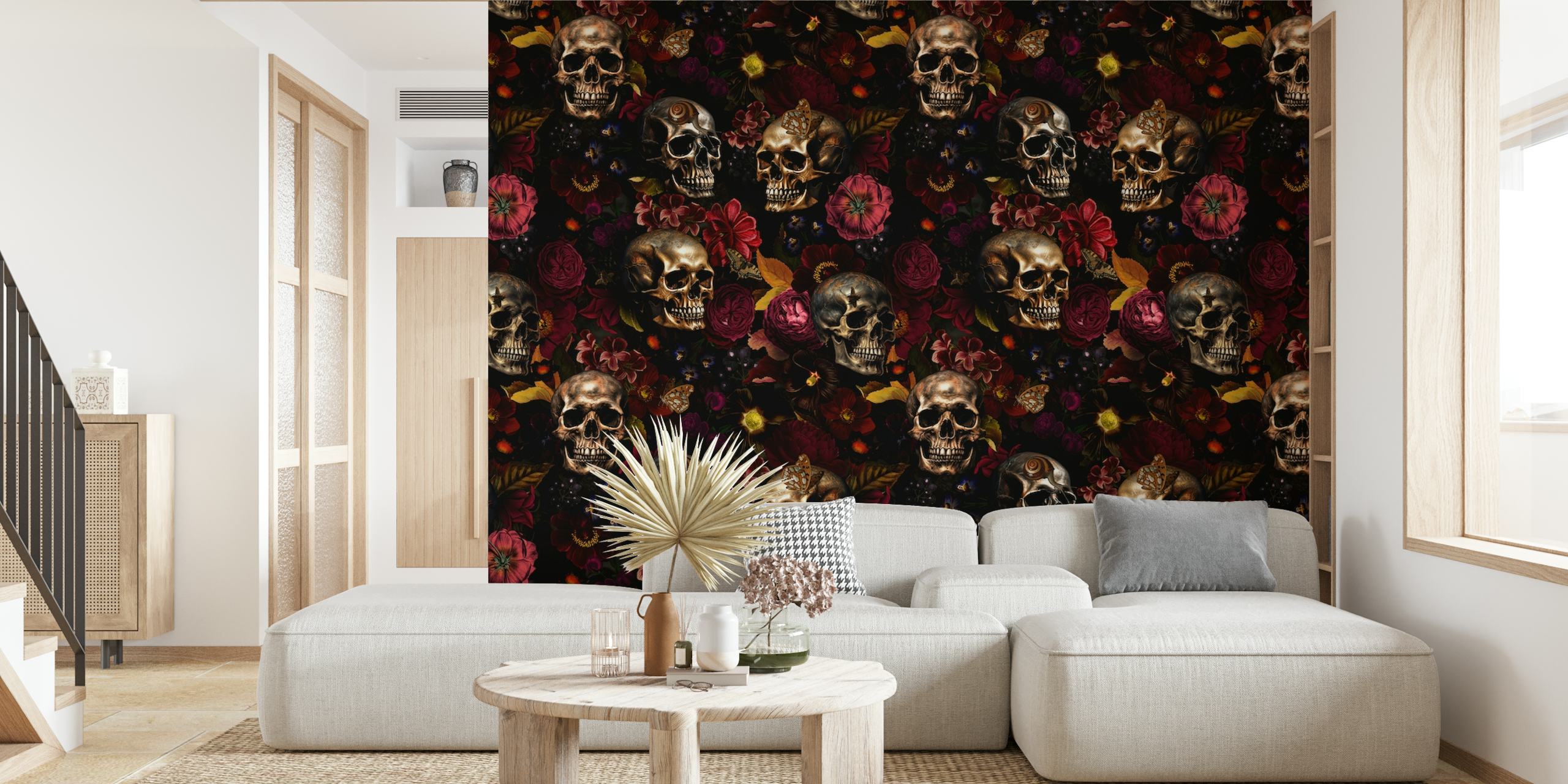 Baroque Skulls and Moody Florals Wall Mural in a Night Garden Theme
