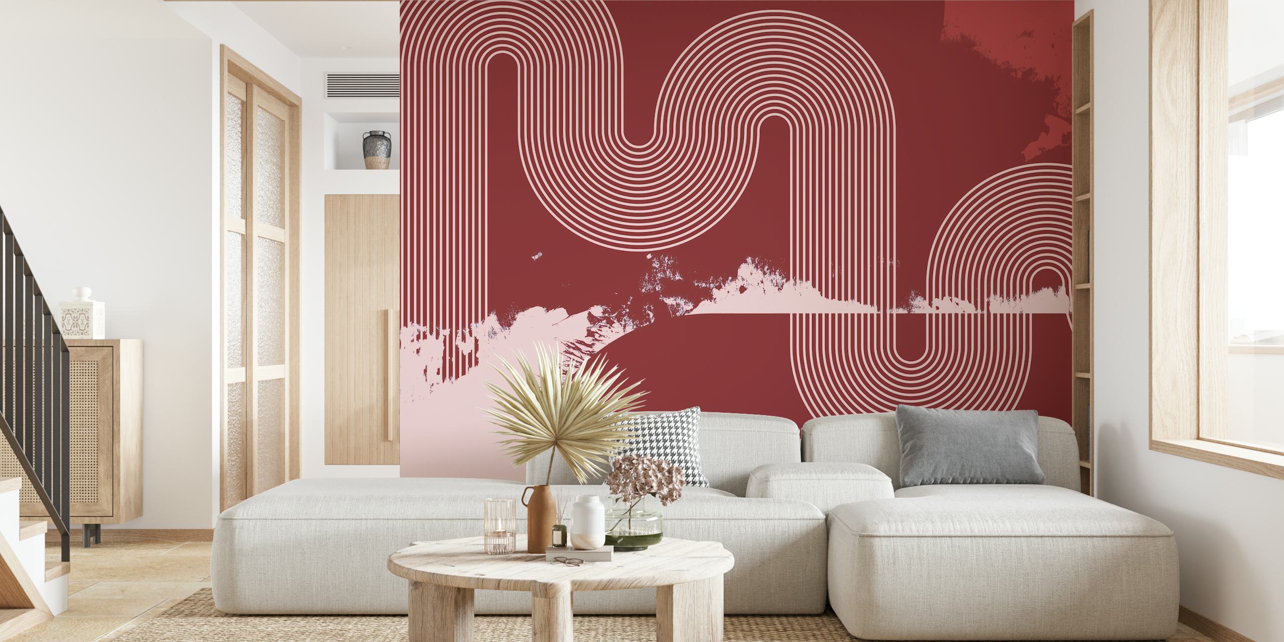 Mid Century Modern Curvy Line Art wall mural in maroon with abstract white lines.