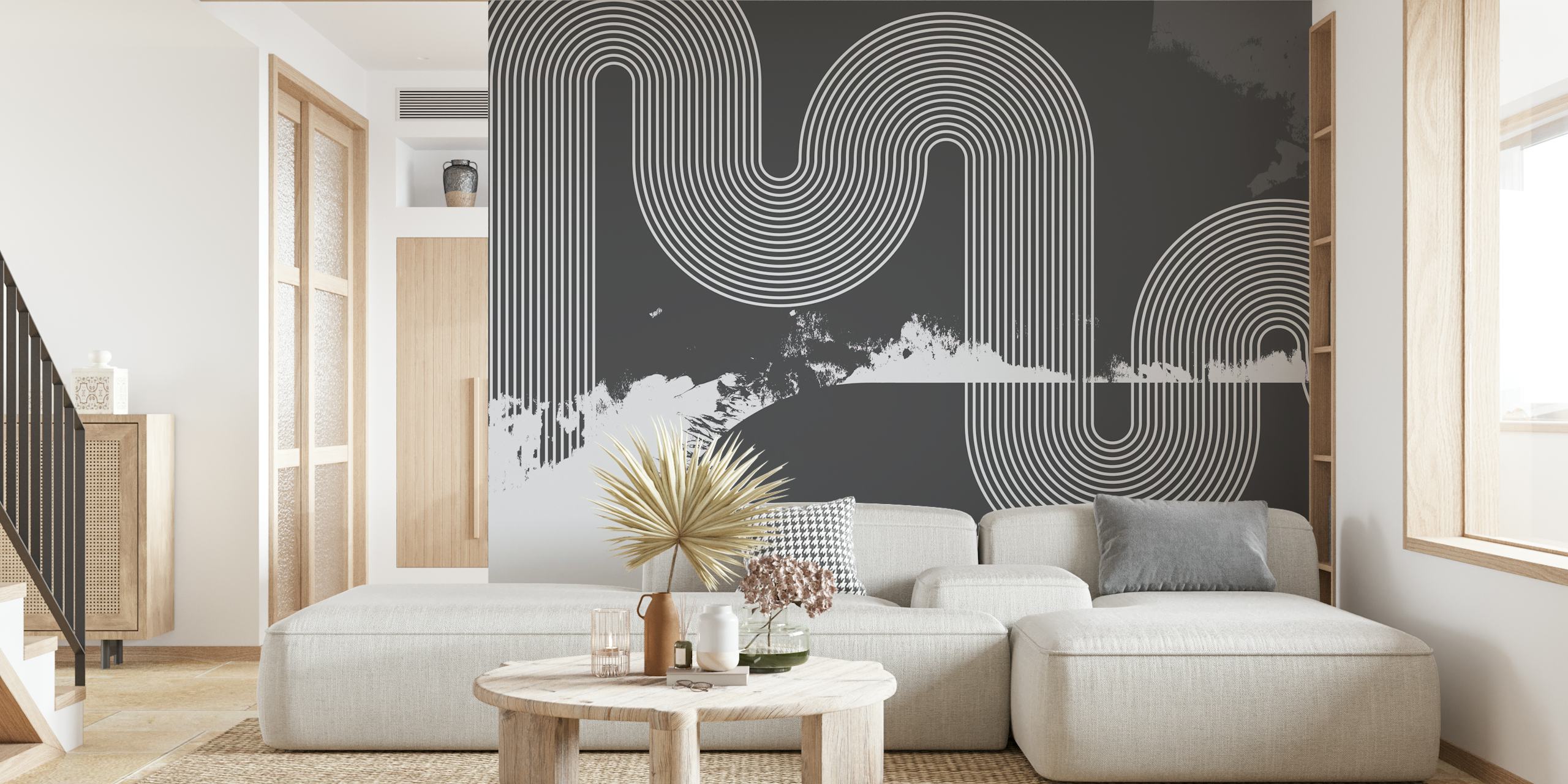 Mid Century Modern Curvy Lines Grey wallpaper in a room