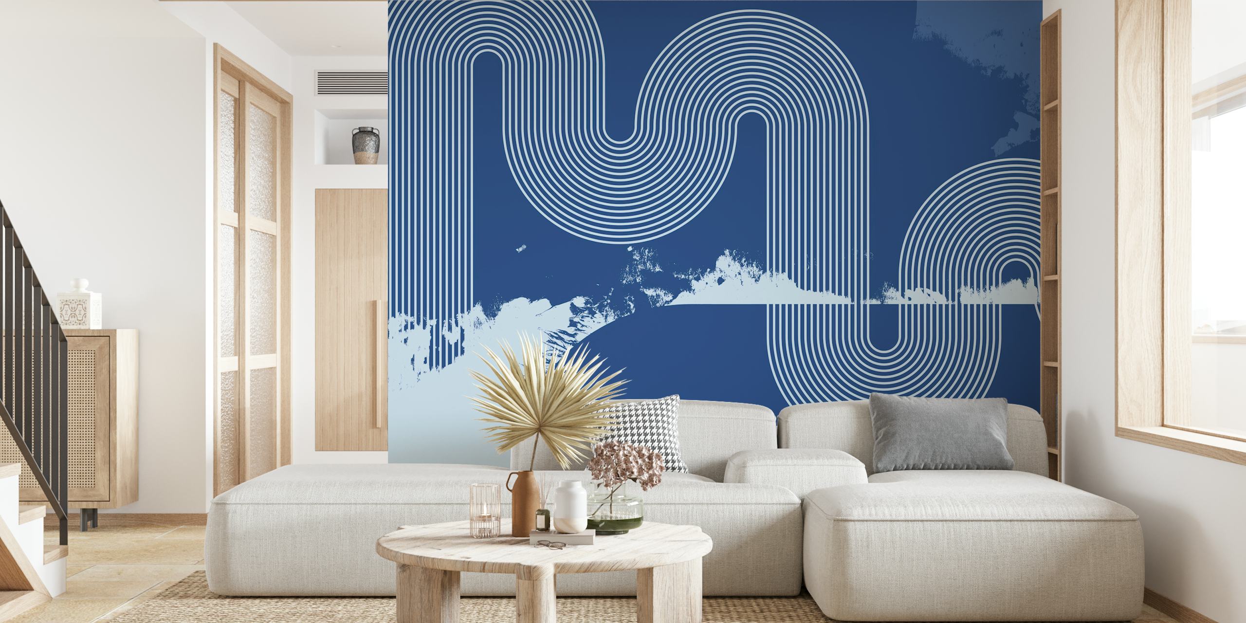 Mid Century Modern Curvy Lines Blue wallpaper in a room