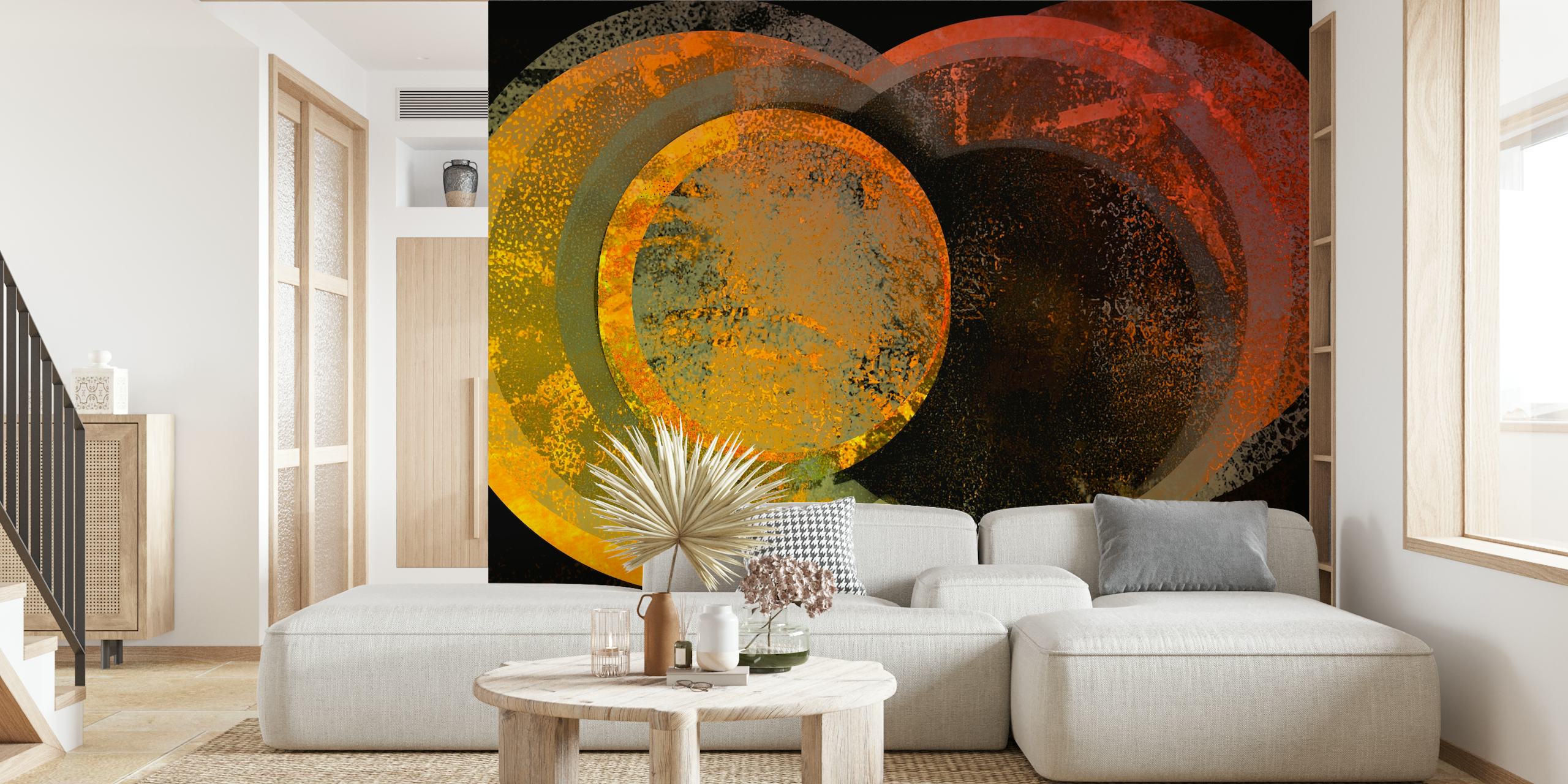 Antique-inspired sun circle design with grungy textures in earthy colors