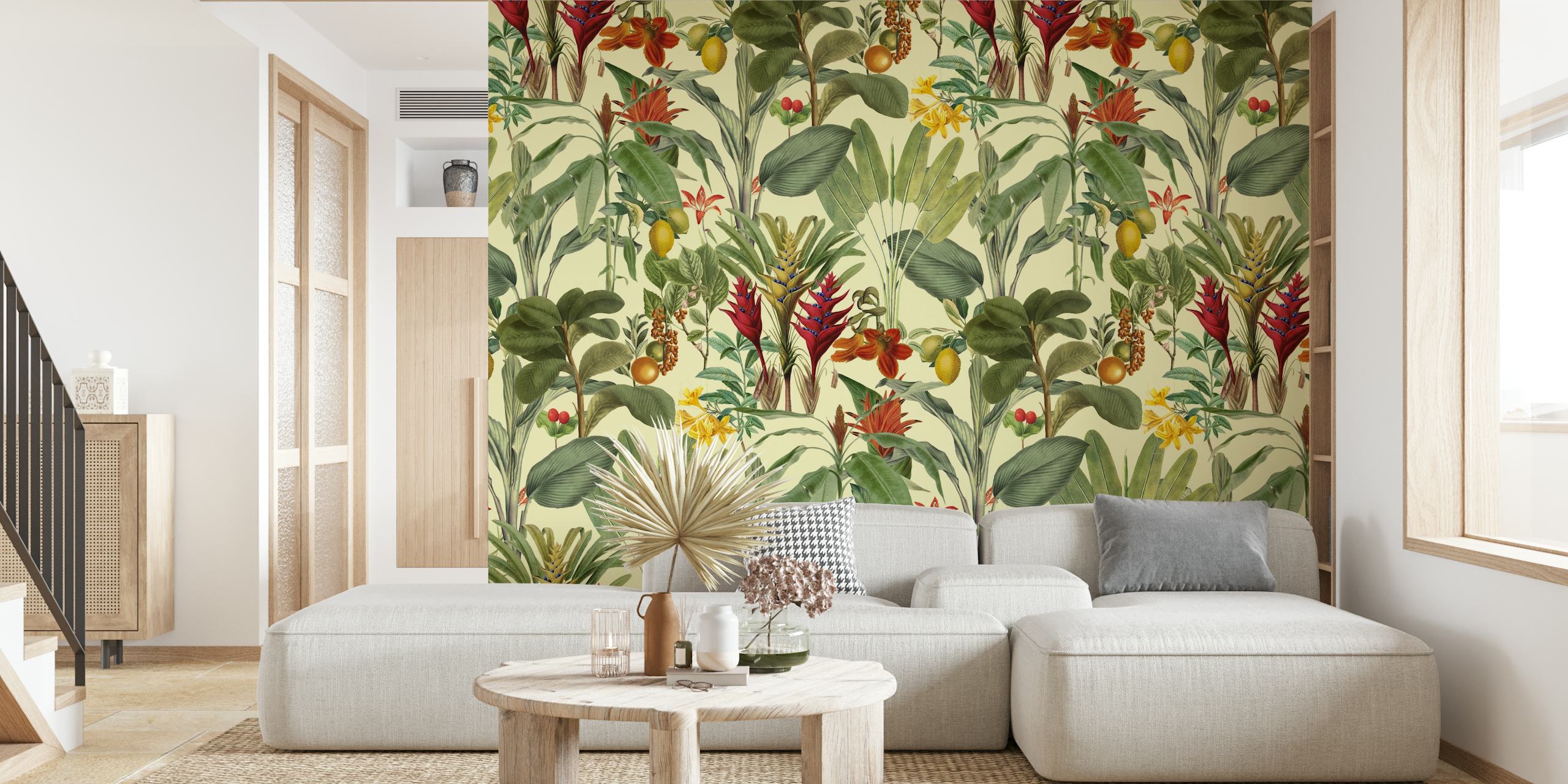 Vibrant tropical floral patterns with green leaves and colorful flowers wallpaper