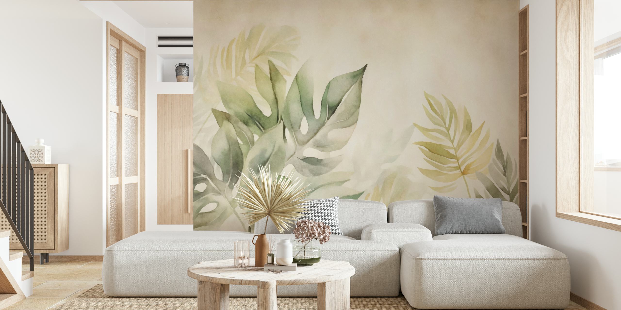 Gentle Leaf Tropical Whispers Beige Green wall mural with serene foliage
