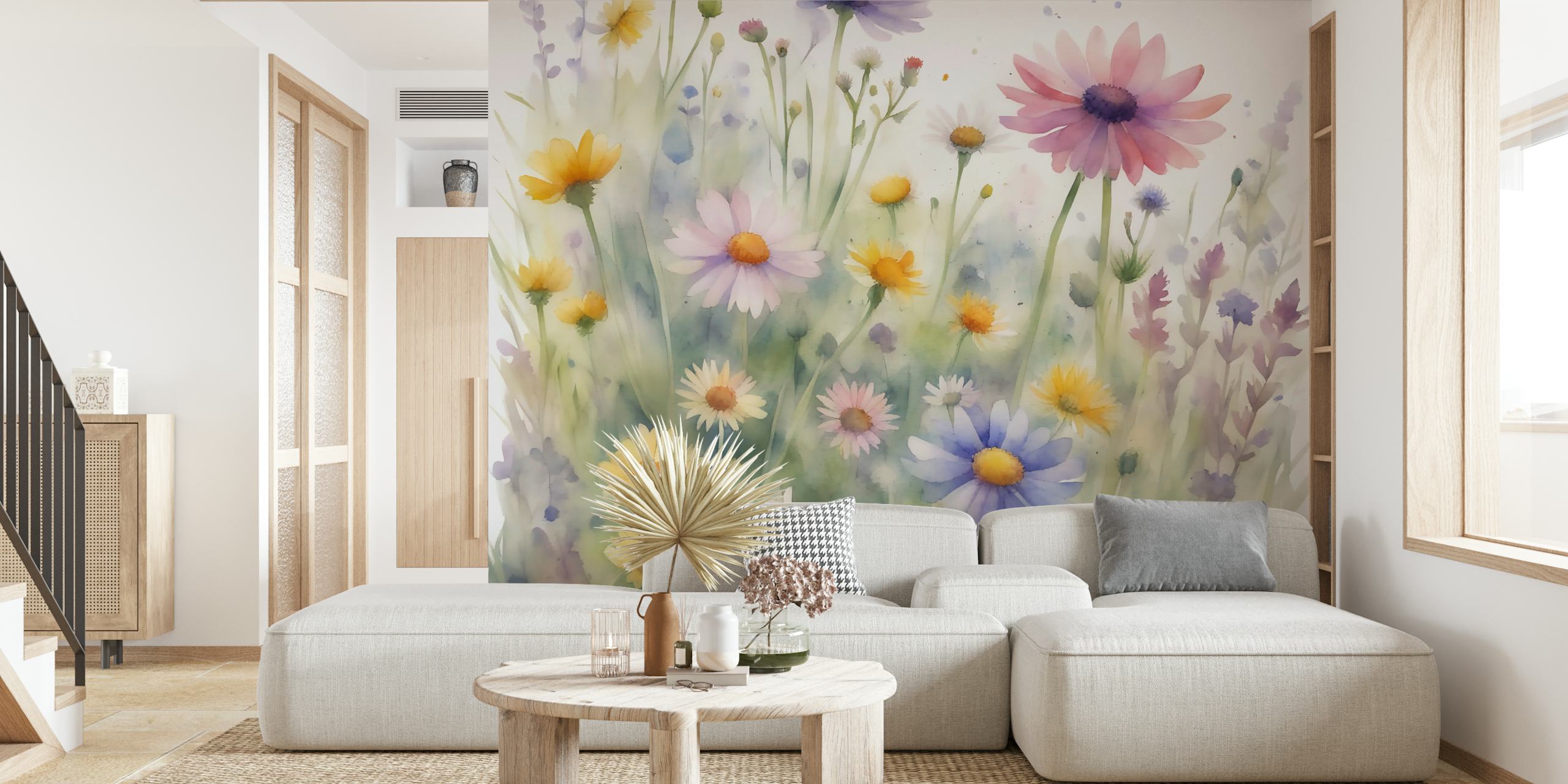 Sunny summer field floral wallpaper design