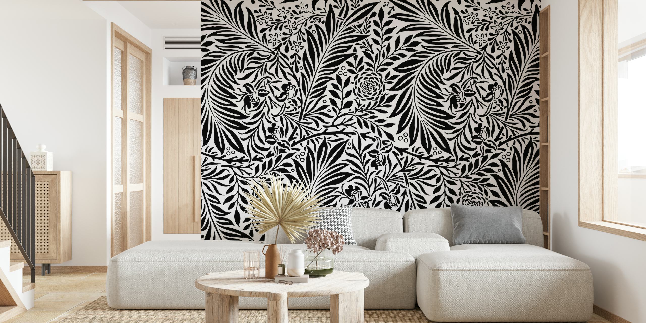 Black and white floral pattern wallpaper with vintage leaves and flowers