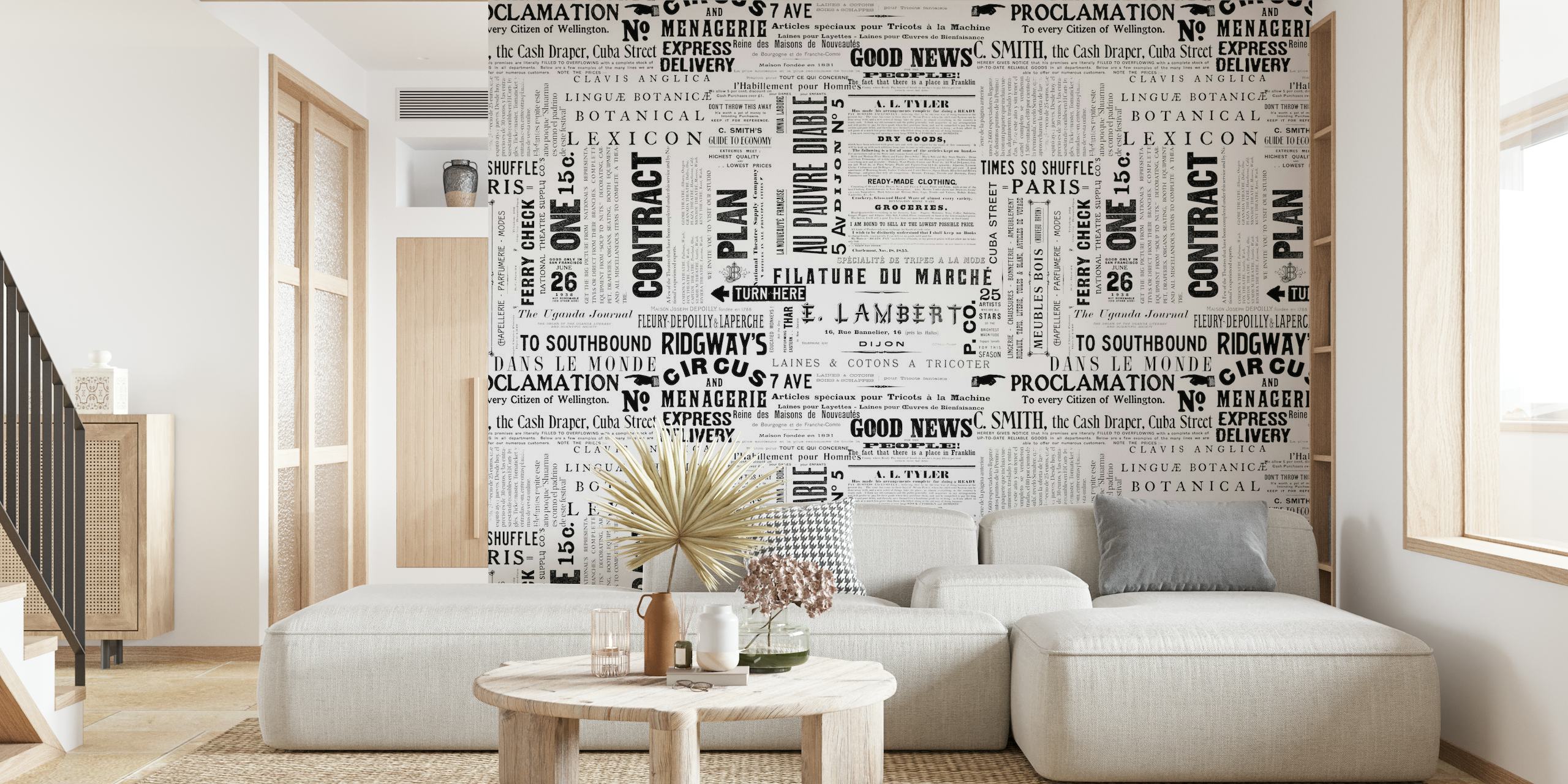 Vintage newspaper clippings wall mural in a black and white color scheme