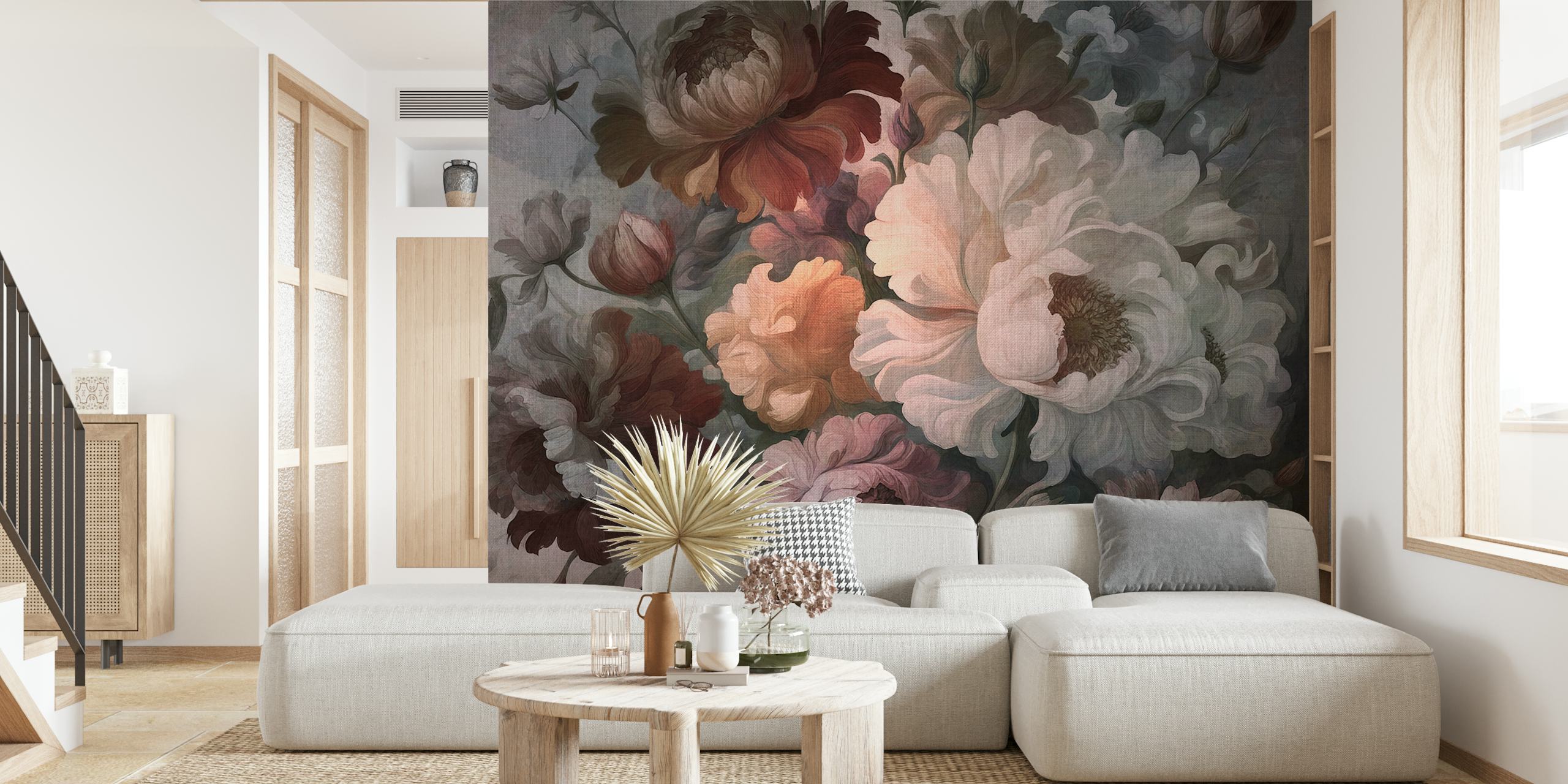 Baroque floral wallpaper, dark and moody, featuring white and maroon flowers