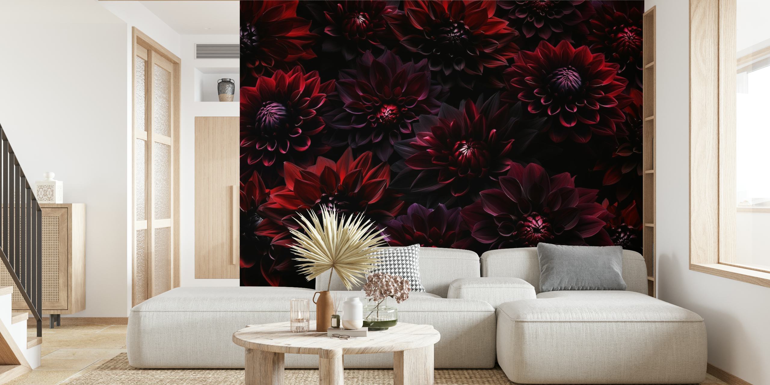 Dark burgundy dahlias in a baroque pattern wallpaper