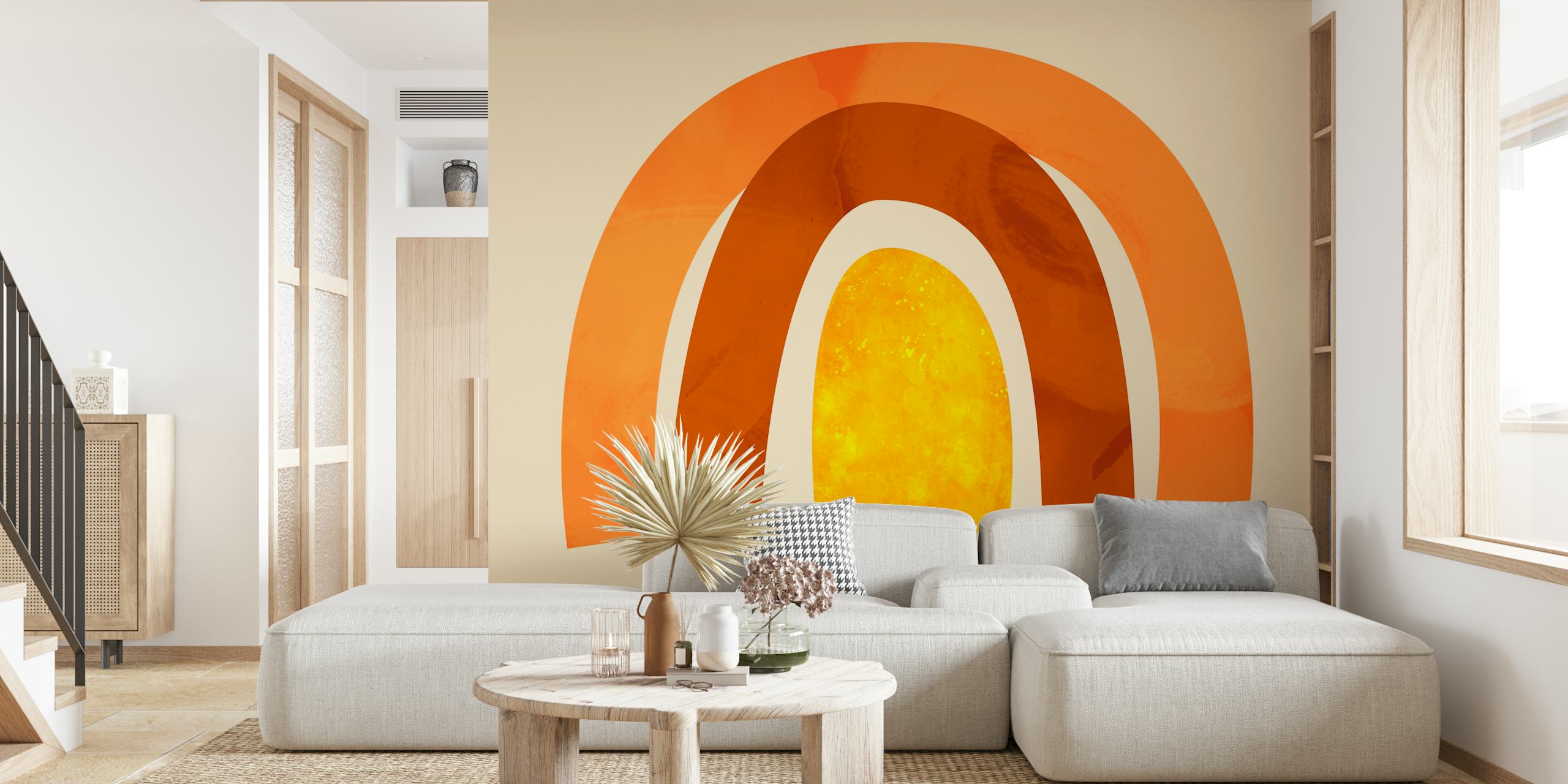 Retro-style rainbow wall mural with warm orange and yellow hues.