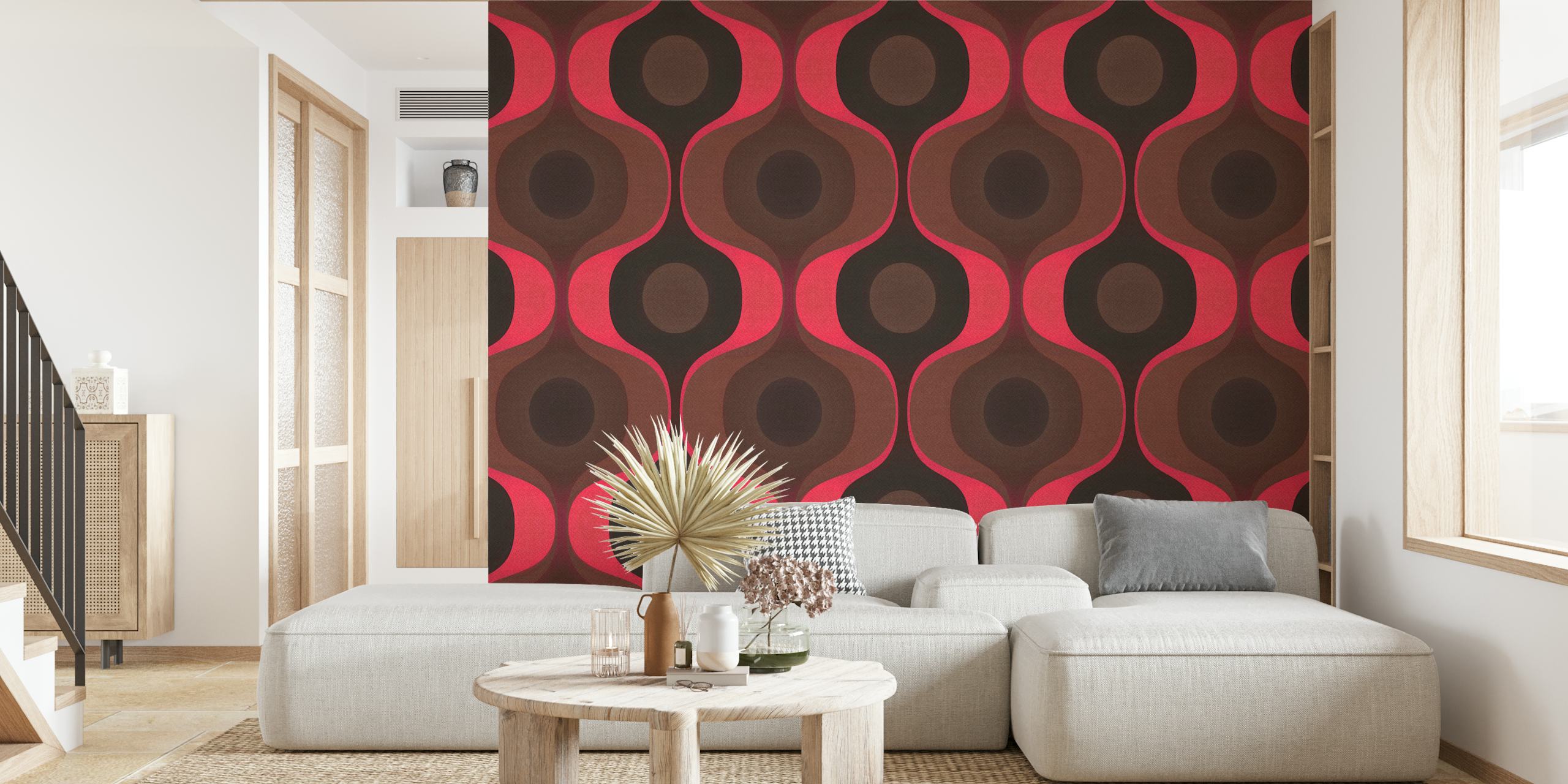 Moody Brown Retro 70s Geometry wall mural with interlocking circles and abstract shapes in brown and pink.