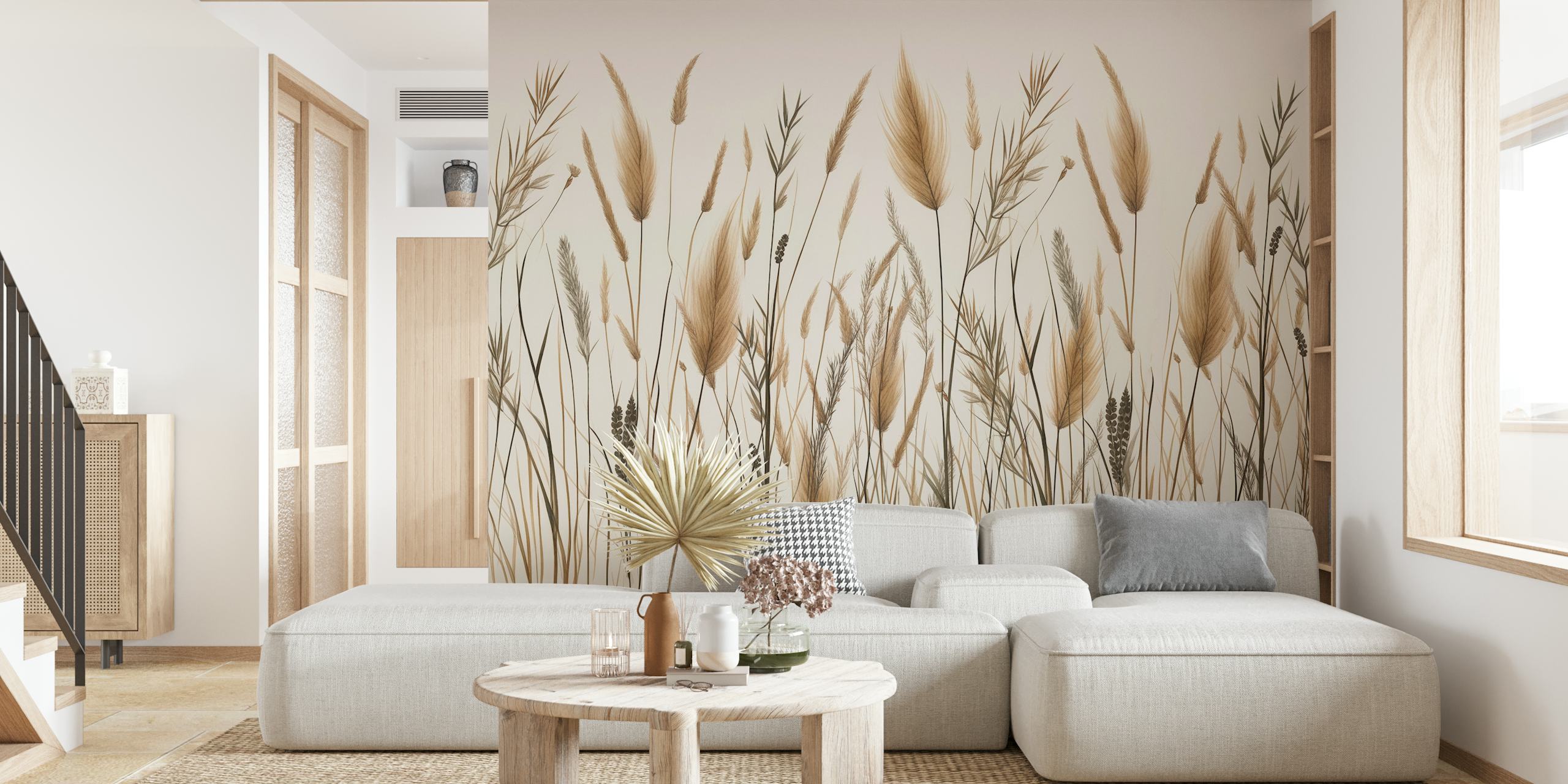 Wild Japandi Grass Botanical wall mural depicting elegant grasses on a neutral background