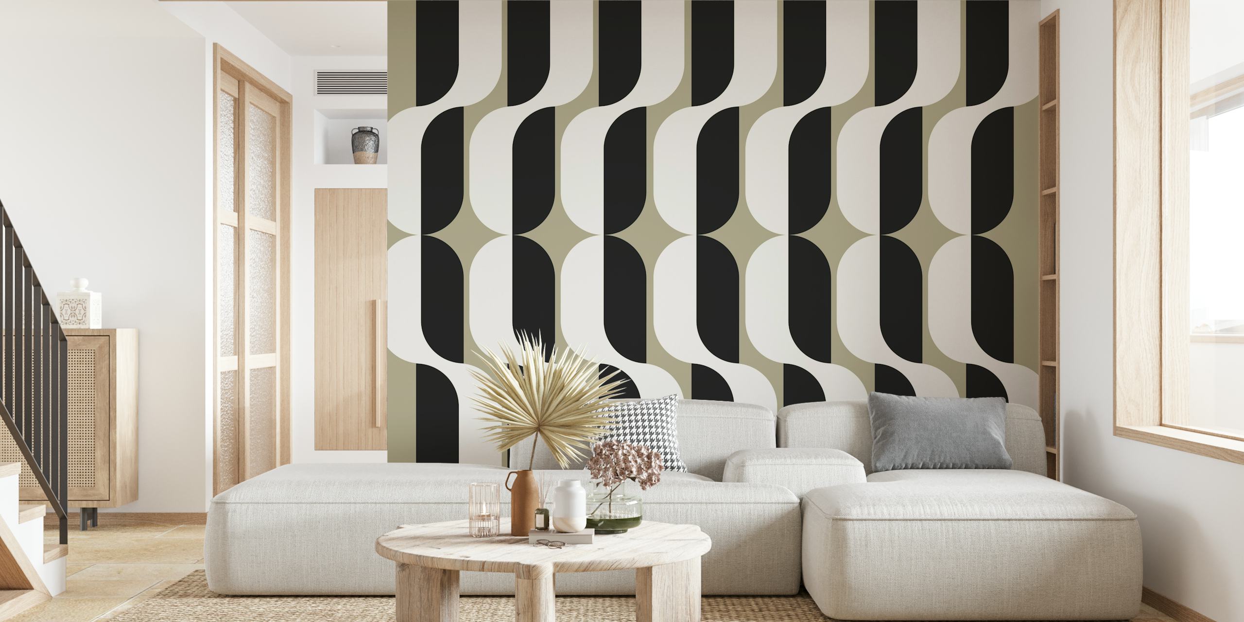 Geometric shapes in black, white, and cream tones wallpaper