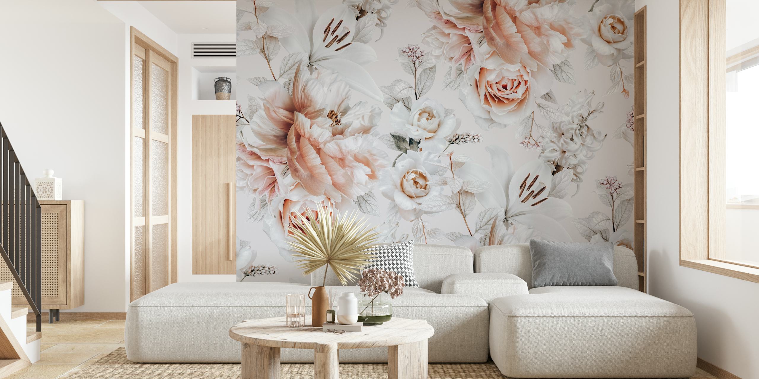 Pink floral wallpaper with roses and lilies in soft tones