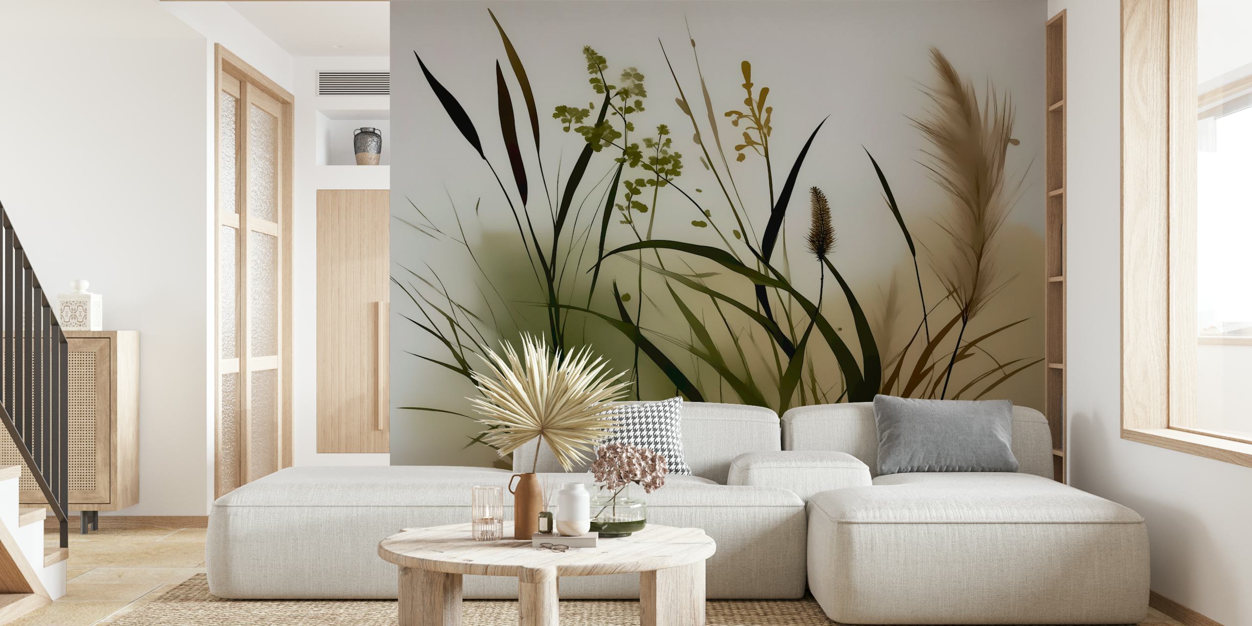 Moody botanical wallpaper featuring green foliage and soft neutrals