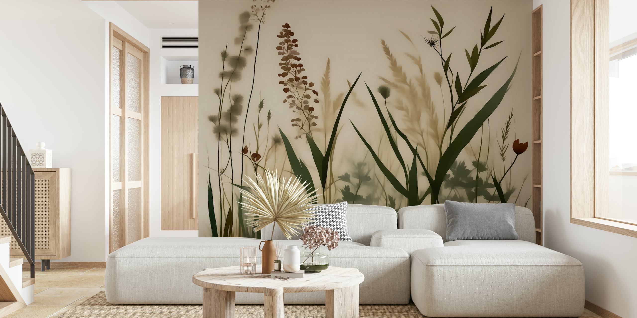 Minimalist floral Japandi-inspired wall mural with Scandinavian elements