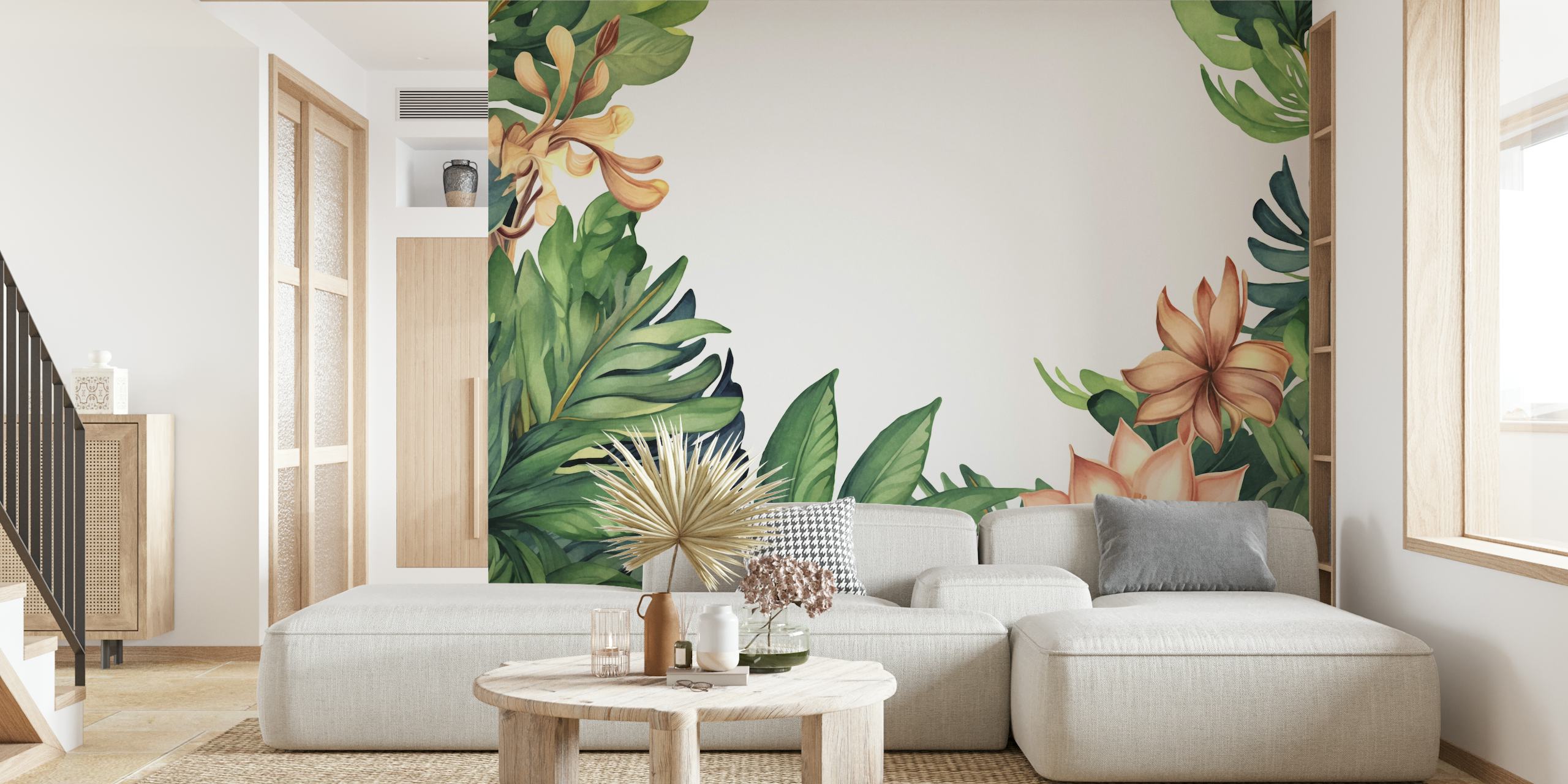 Mural de pared Oasis tropical con flores de acuarela y exuberante vegetación