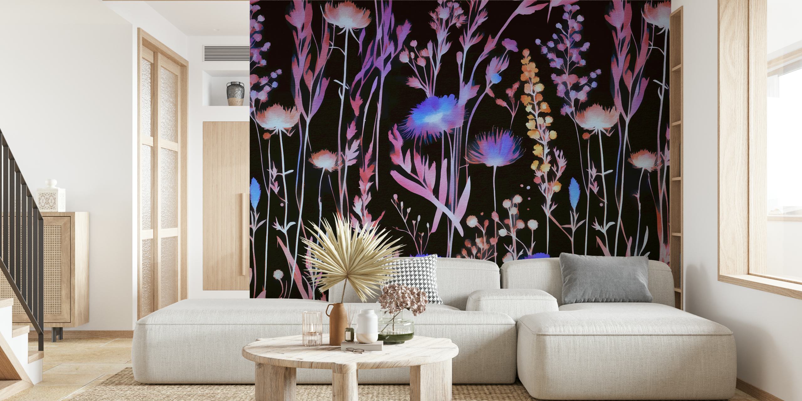 Vivid moody wildflowers wallpaper in a room