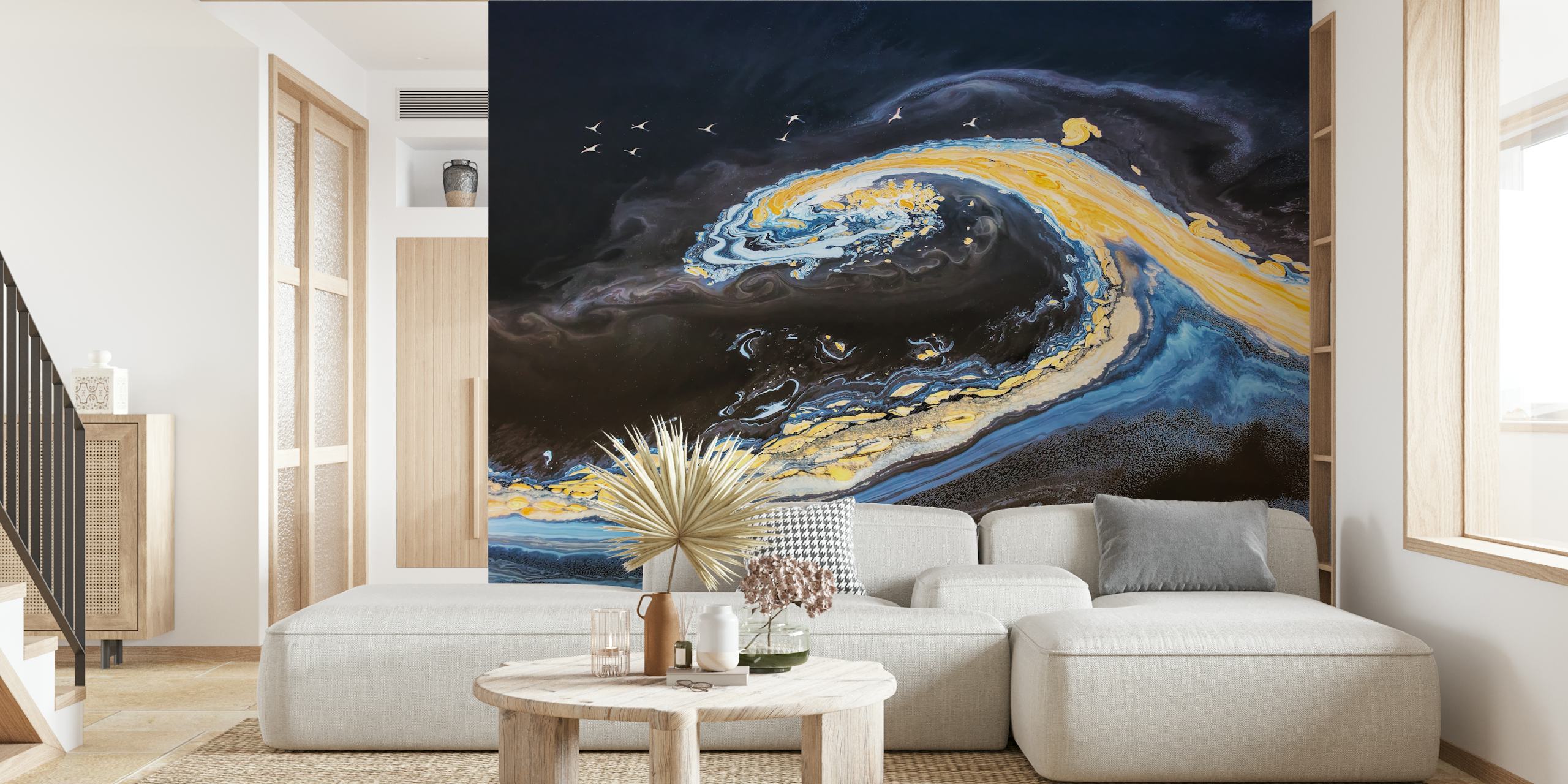 Colorful wave wallpaper displayed in a room