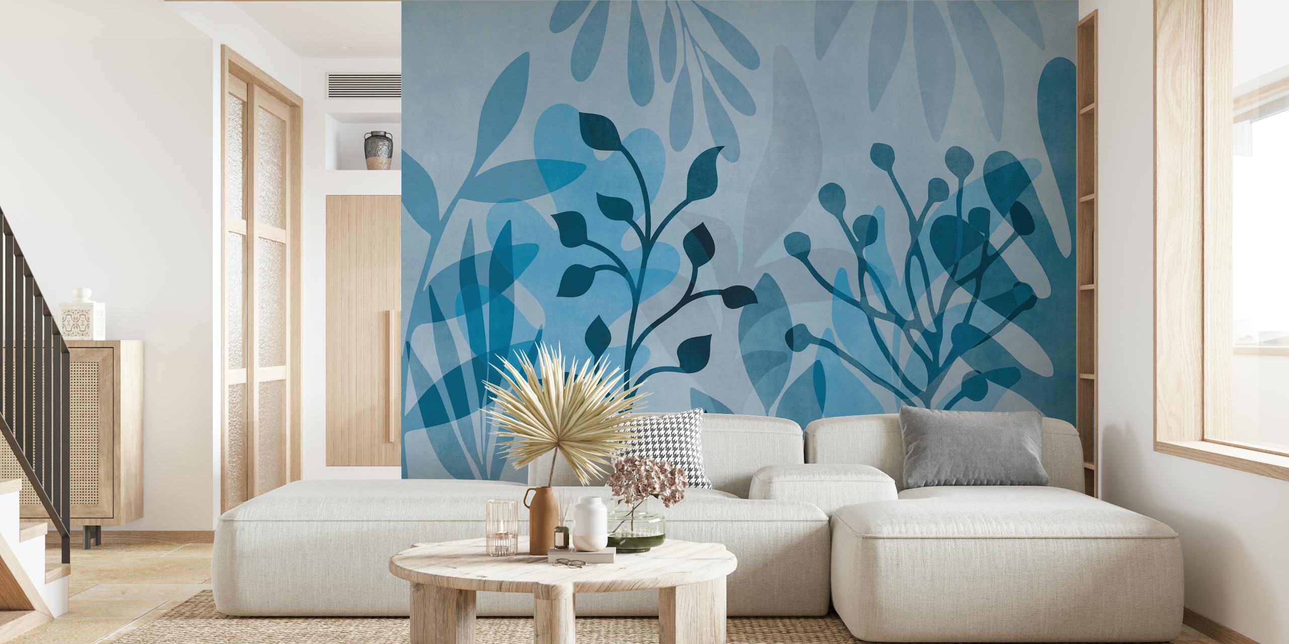 Blue tropical leaf patterns wall mural for serene home decor