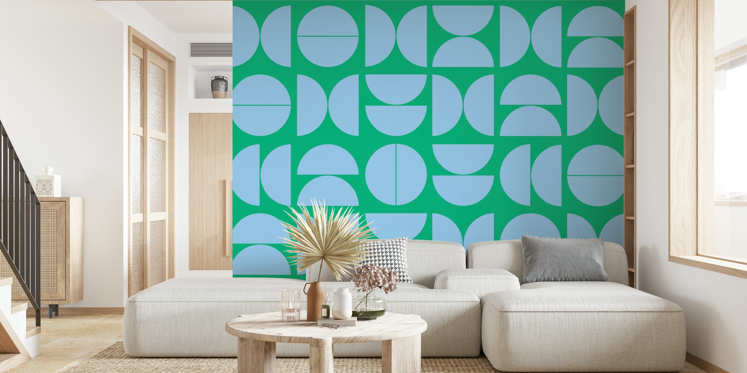 Geometric patterns in blue and green mid-century wallpaper