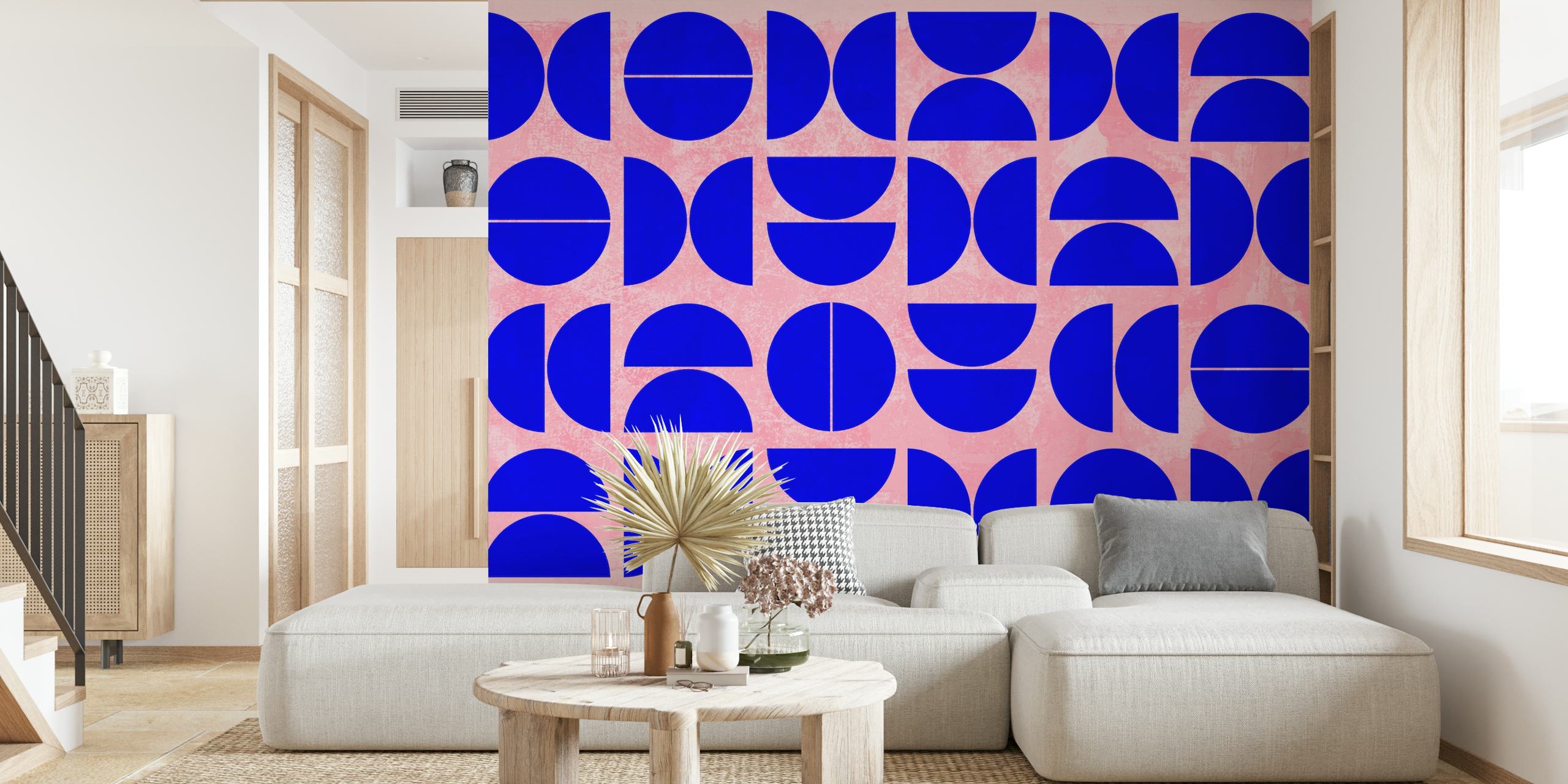 Abstract blauwe geometrische vormen op een neutraal fotobehang voor een modern interieur