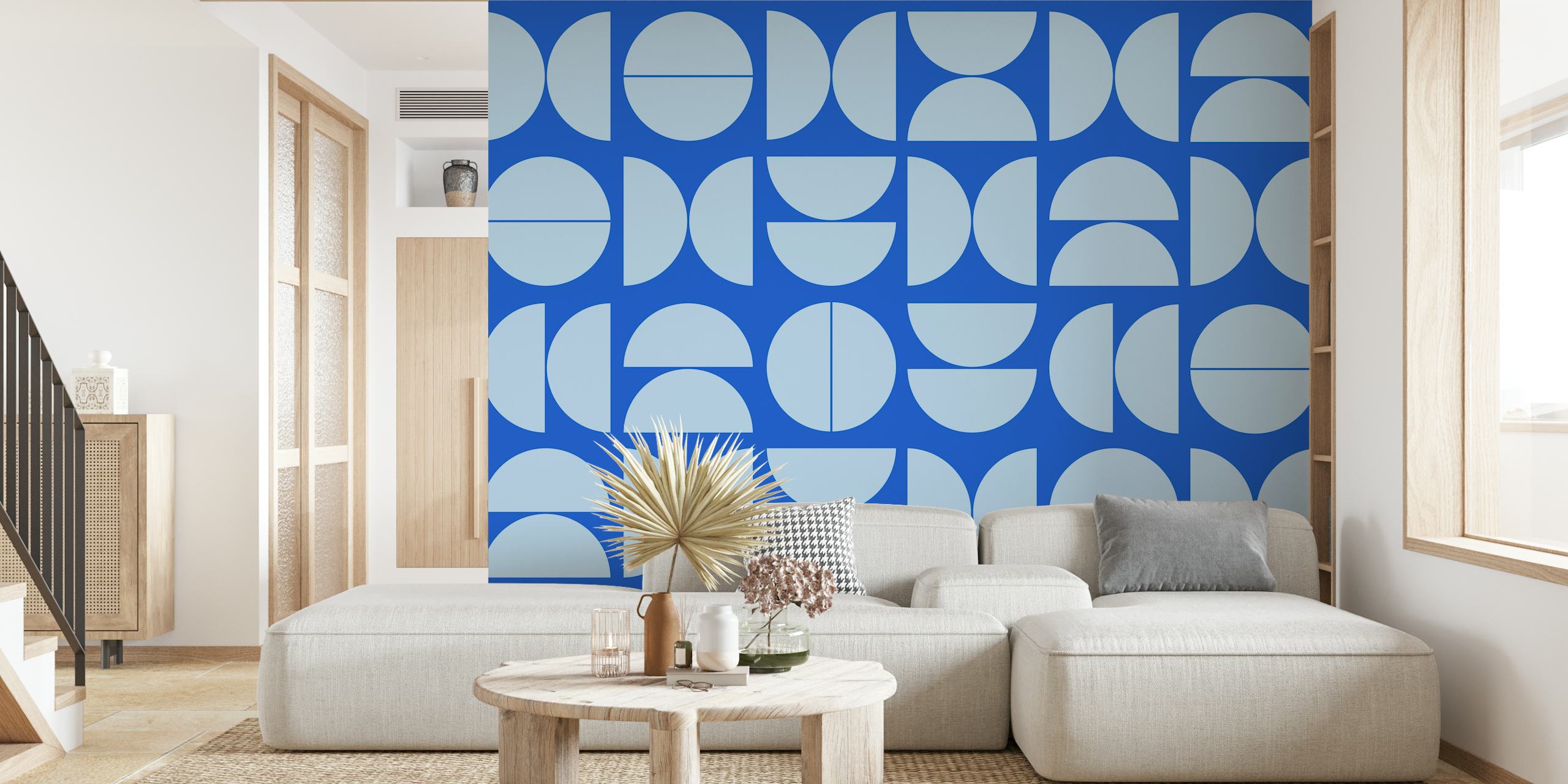 Modern blue geometric wallpaper in a room