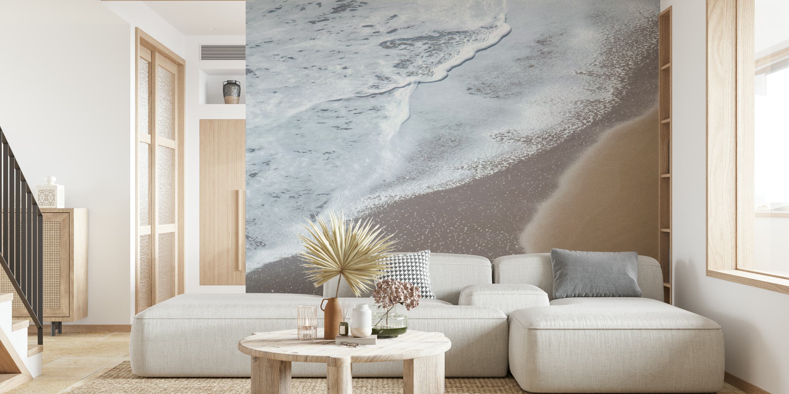 Beach waves meeting sandy shore, natural colors wallpaper