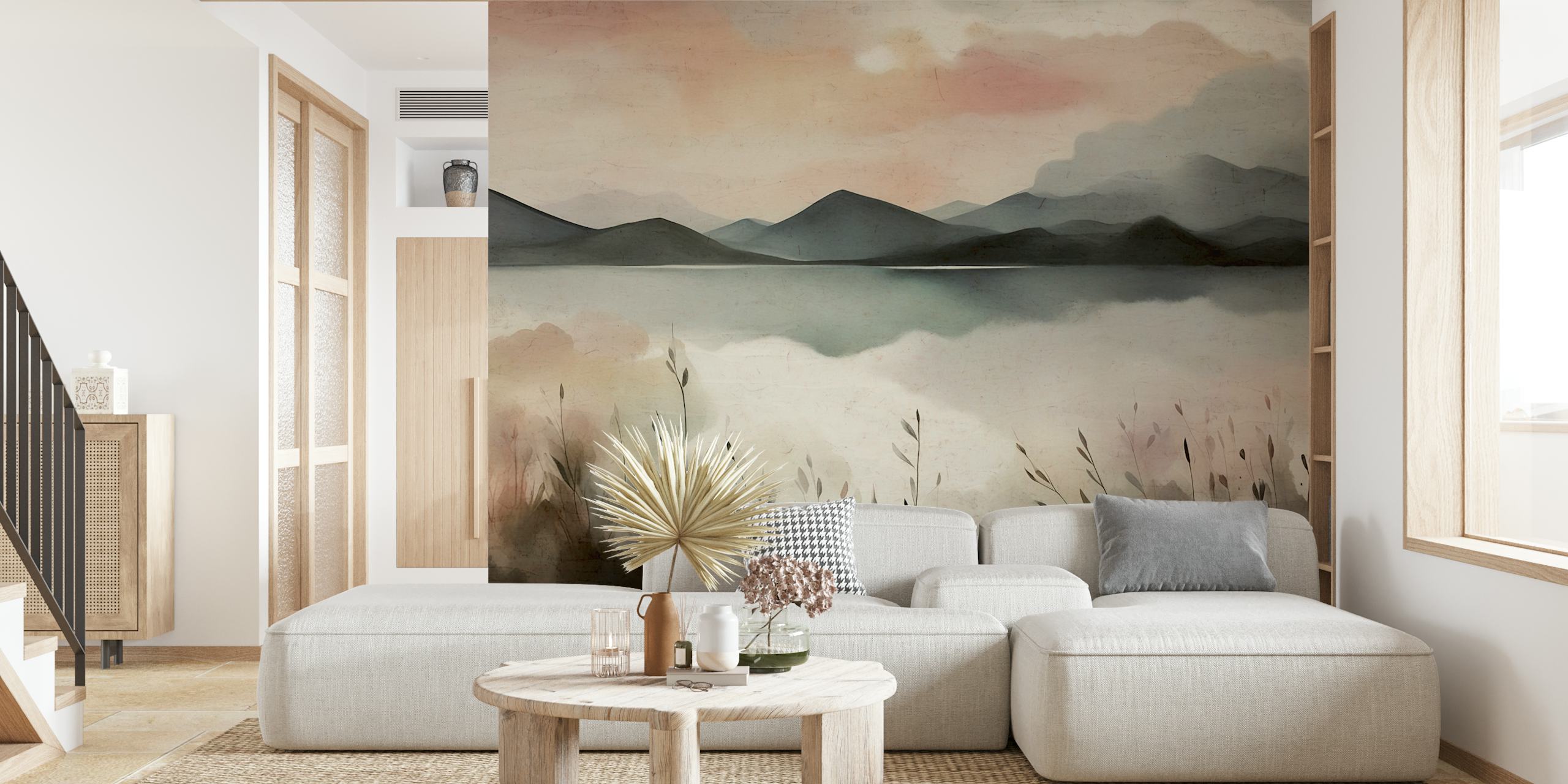 Etherisch bewolkt landschap met met mist bedekte bergen en een serene muurschildering aan het meer