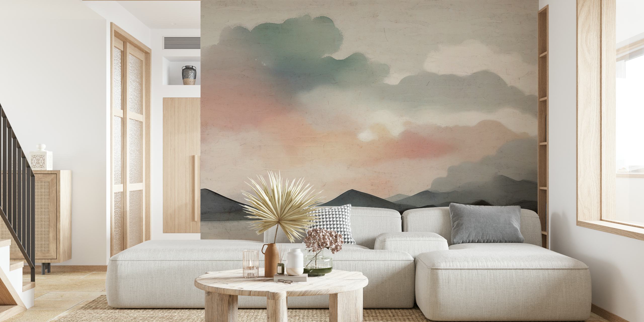 Watercolor Morning Clouds wall mural with soft grays, pinks, and oranges over rolling hills and calm waters.