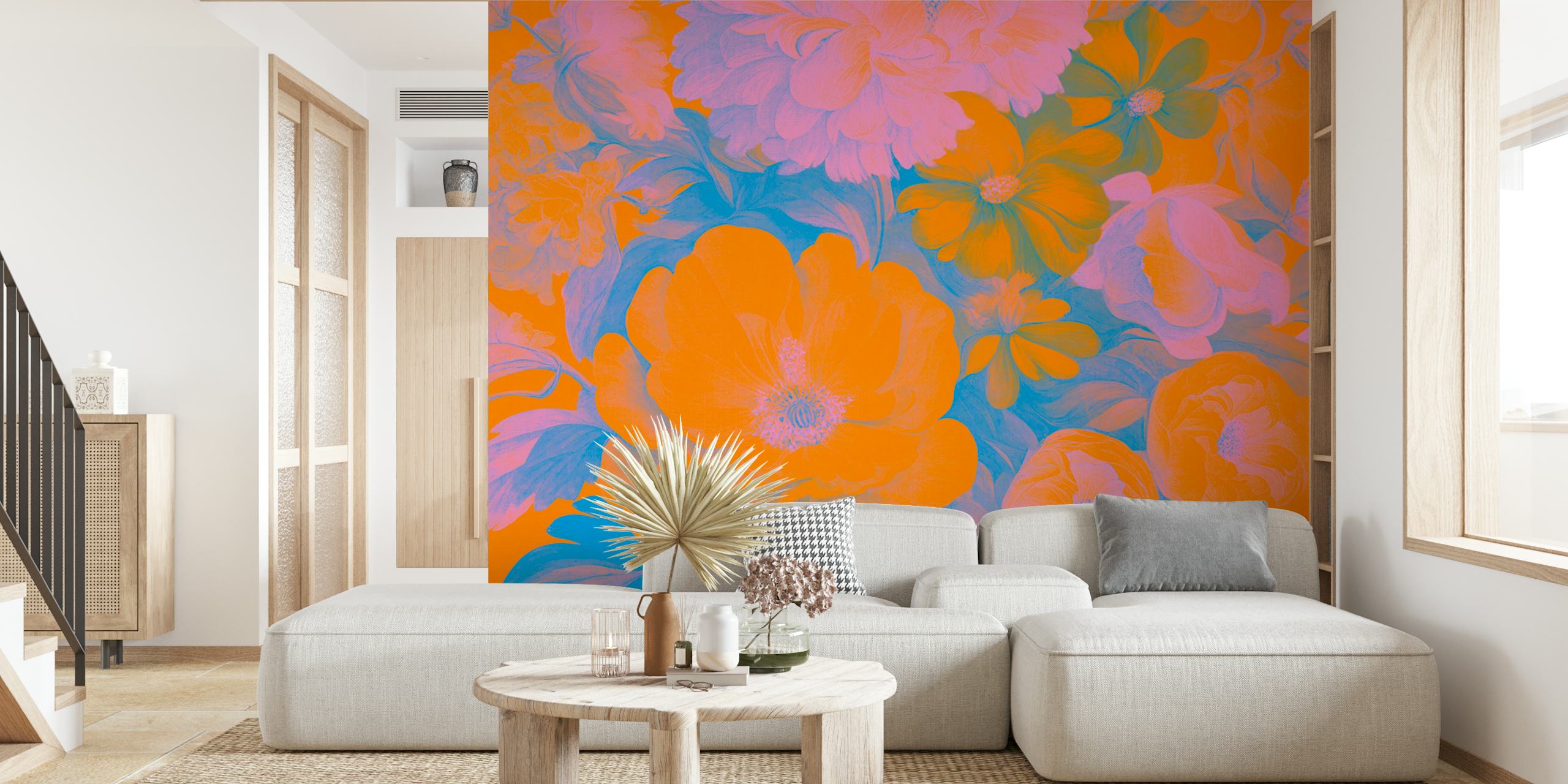 Vivid pop art style baroque floral wall mural with bright peonies and roses