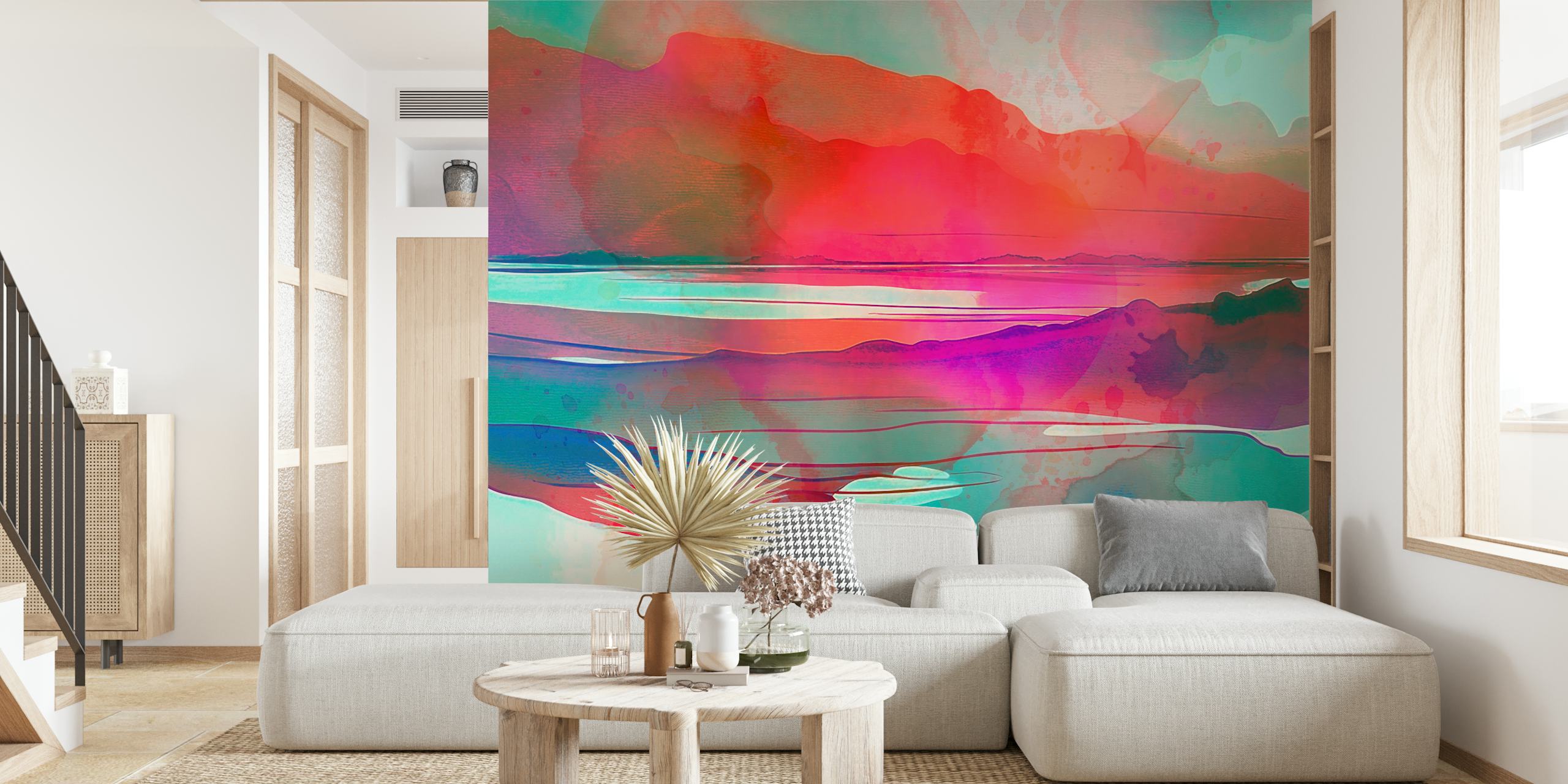 Colorful abstract watercolor mural featuring pink, teal, and orange hues