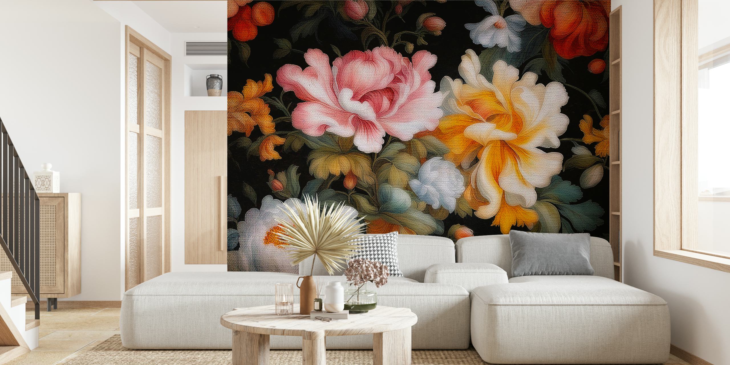 Classical antique flowers wall mural with blooming roses and peonies in rich colors