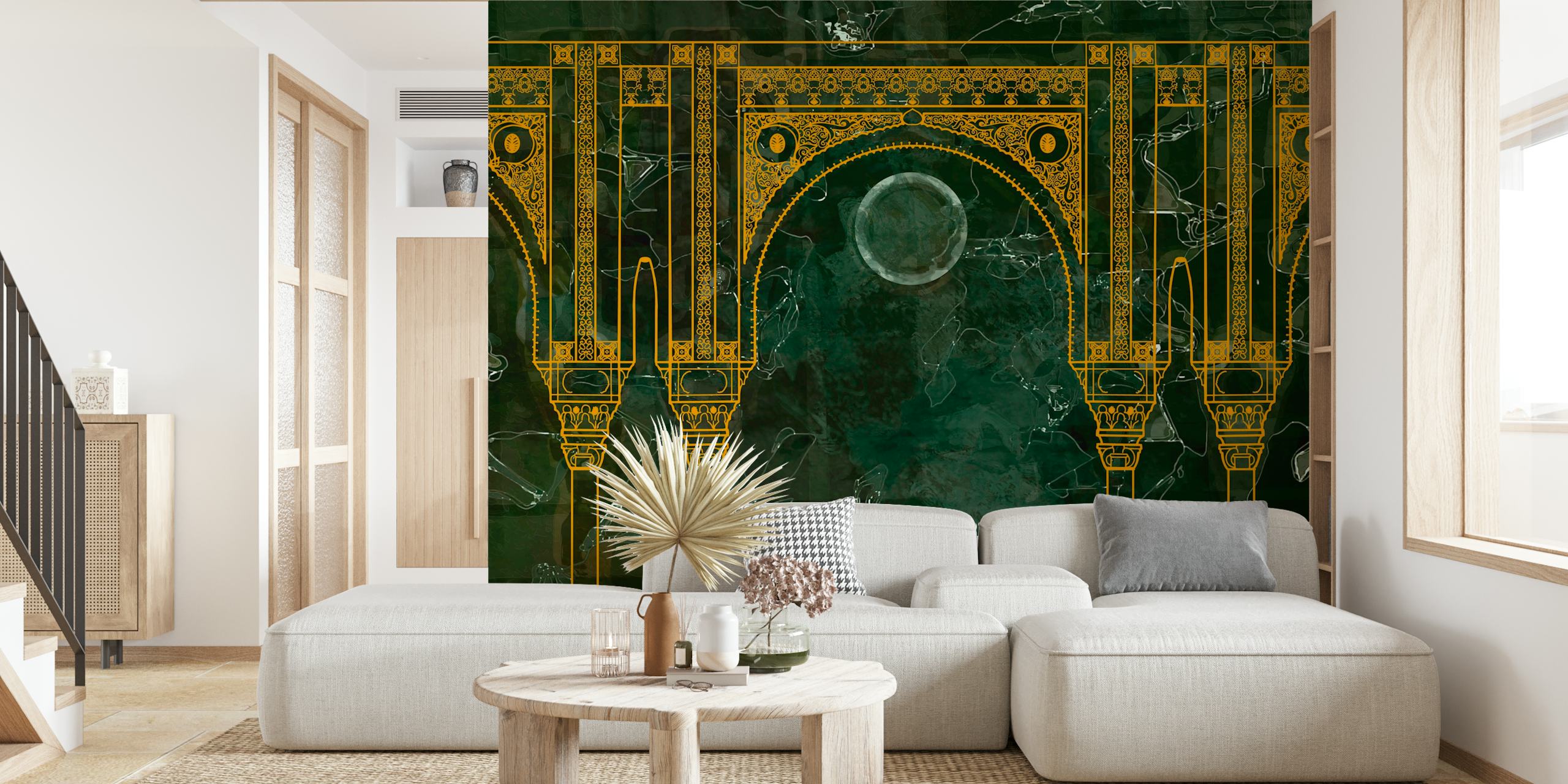 Green marbled wallpaper with gold geometric pattern