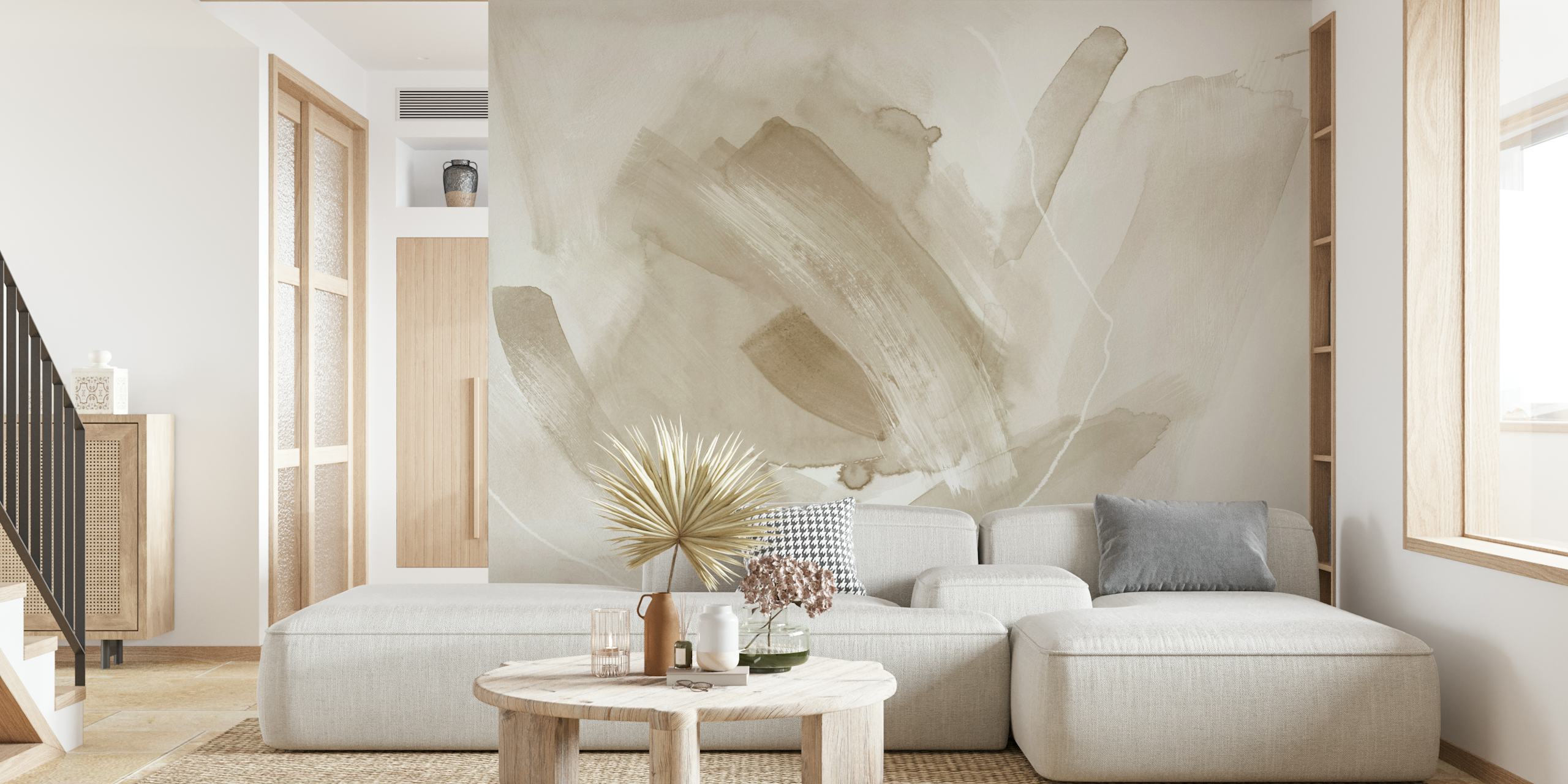 Warm beige brush strokes wallpaper in a room