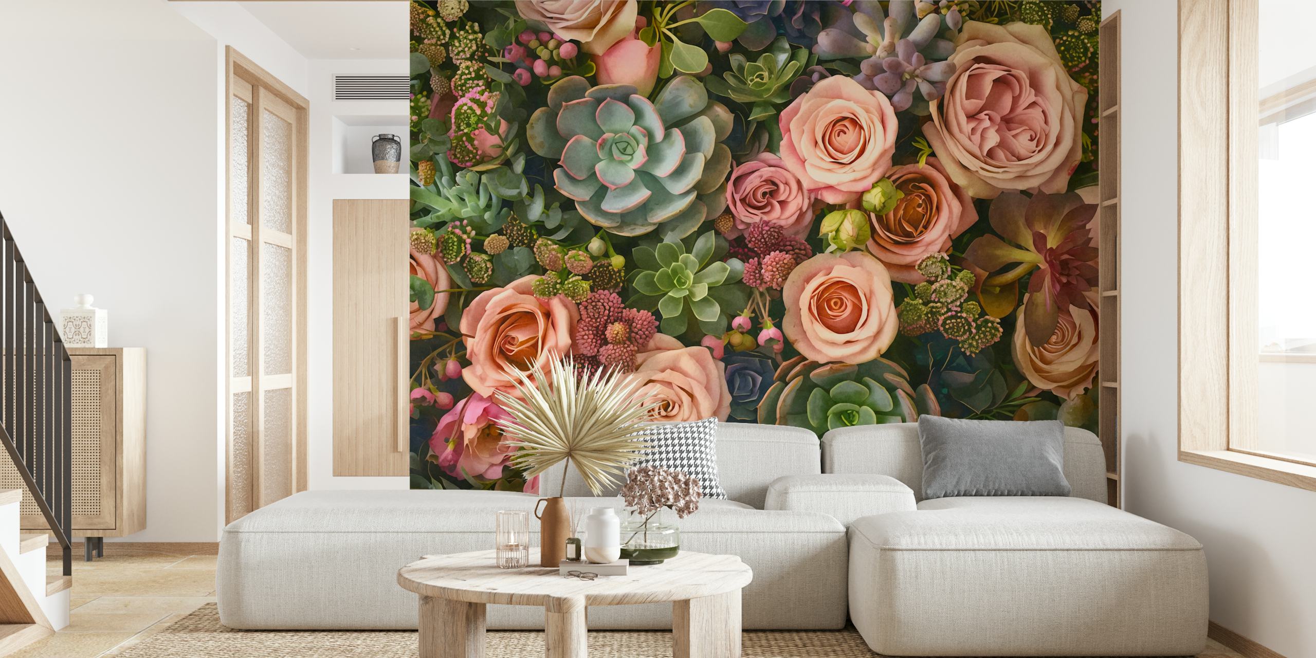 Decorazione murale da giardino succulenta color pesca e verde acqua con rose del deserto e varie piante grasse