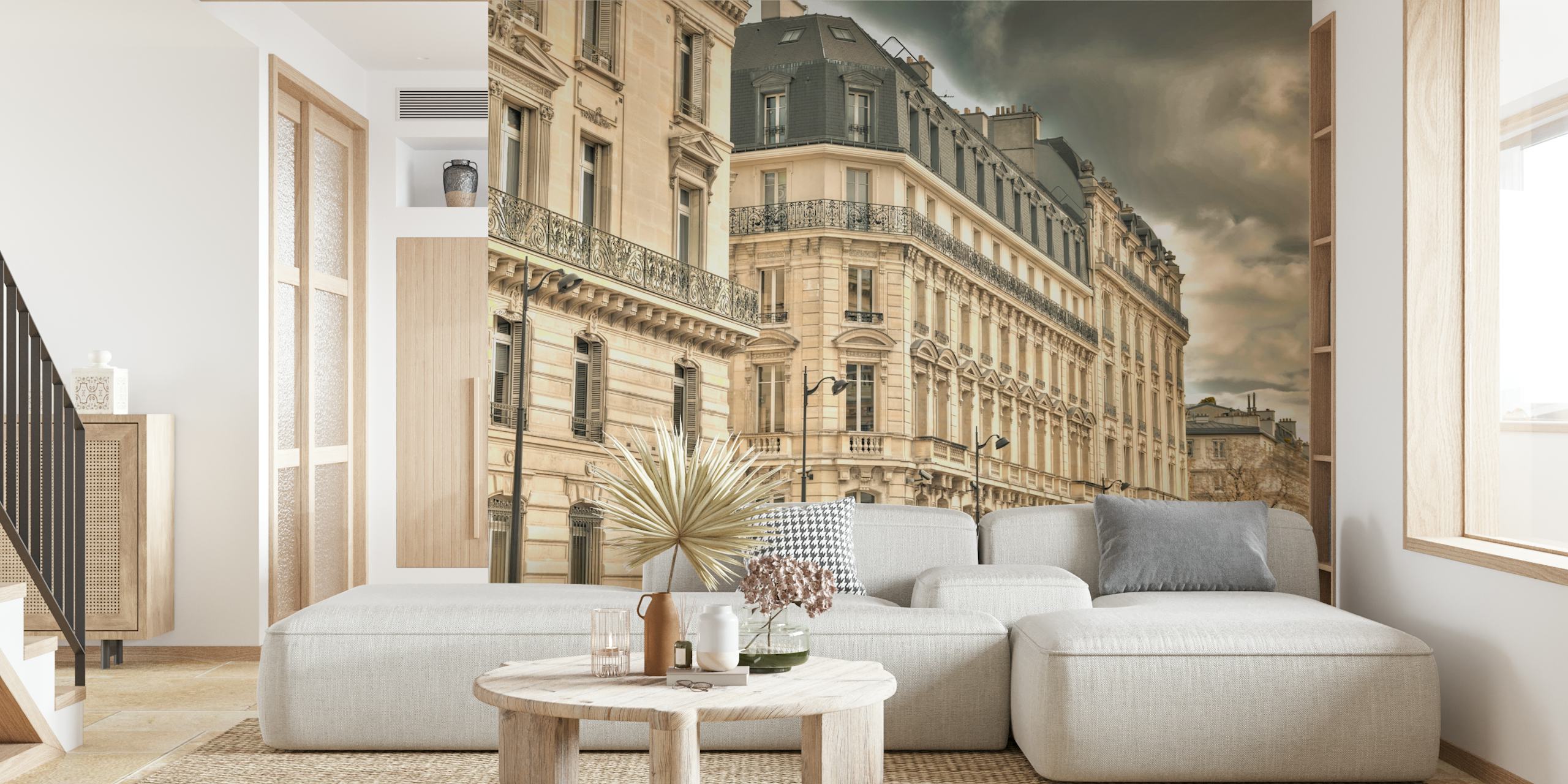 Parisian architectural wallpaper in a room
