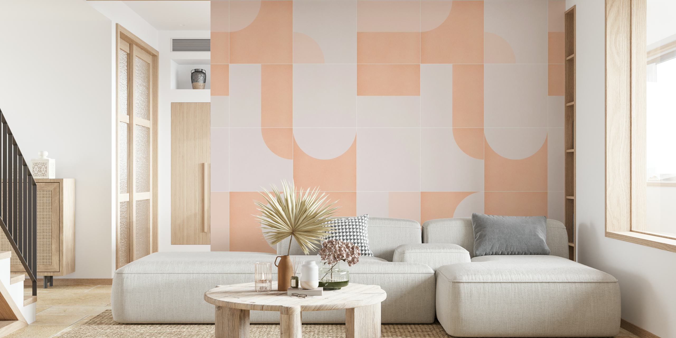 Retro-geometrinen laattakuvioinen seinämaalaus pastellivärisinä