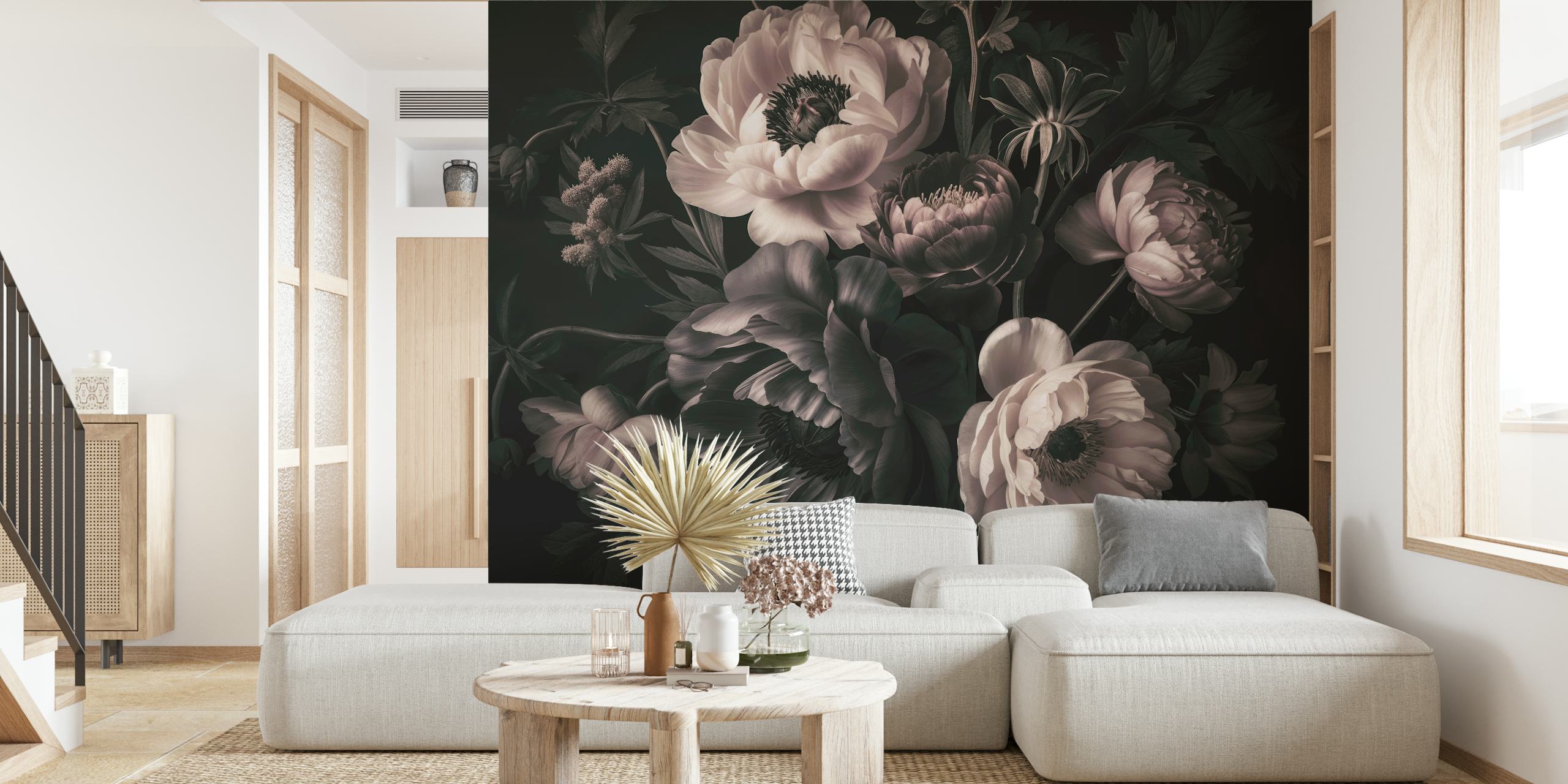 Papier peint mural élégant de fleurs de style baroque rose poussiéreux au charme vintage
